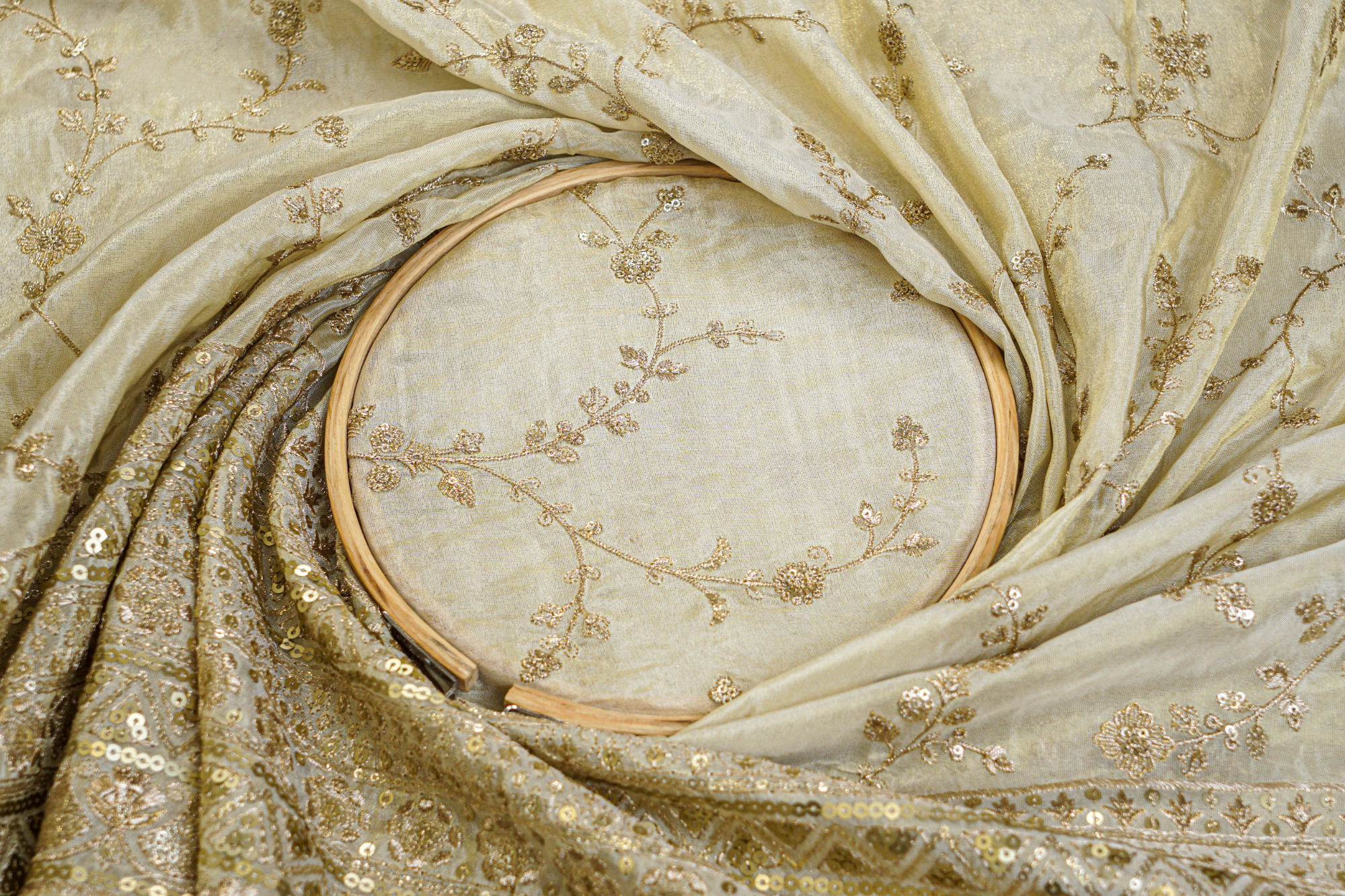 Golden Tissue Fabric With Sequins  And Zari Elegance