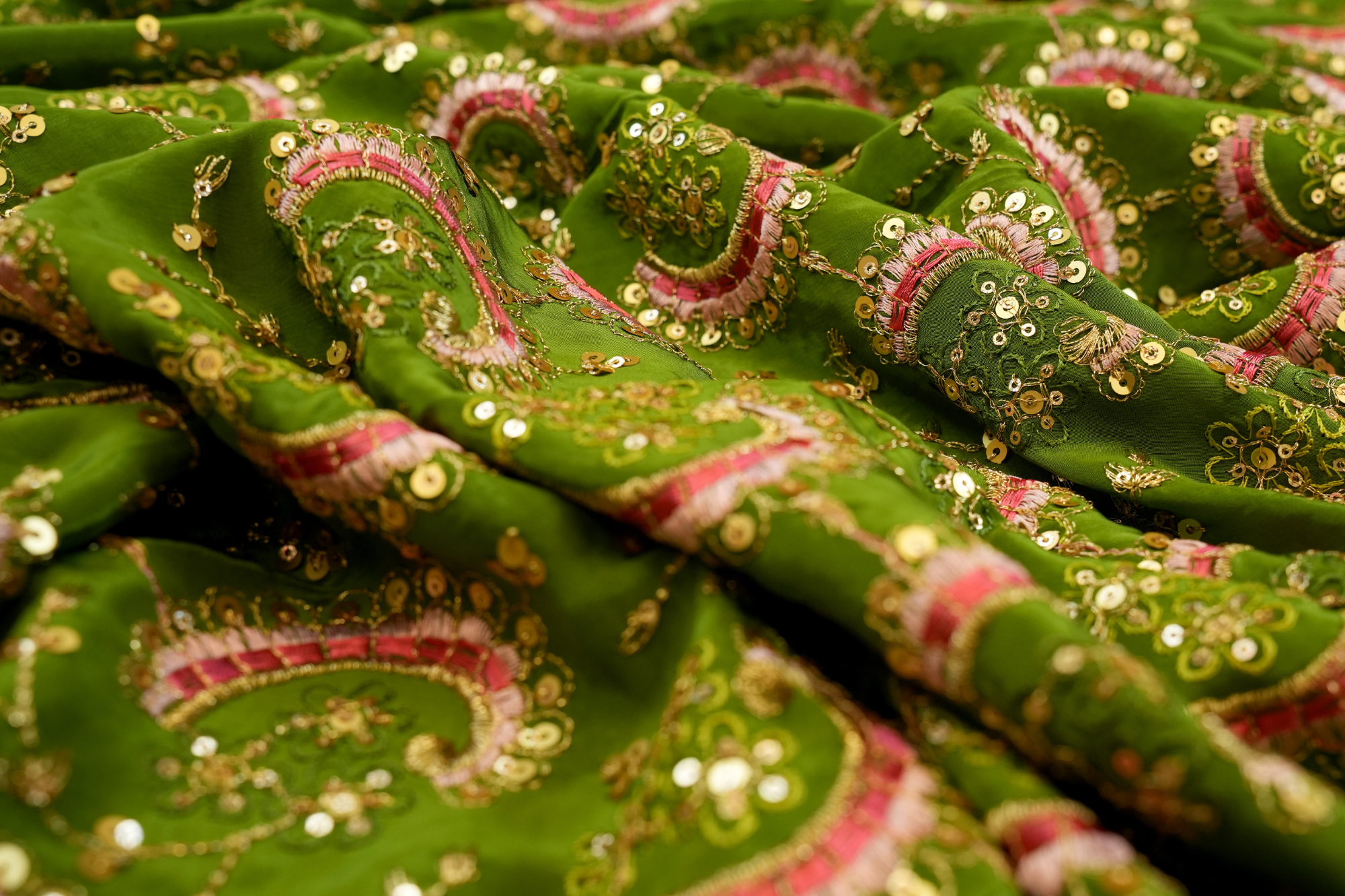 Olive Georgette with Multicolor Threads, Golden Sequins, and Floral Zari Work