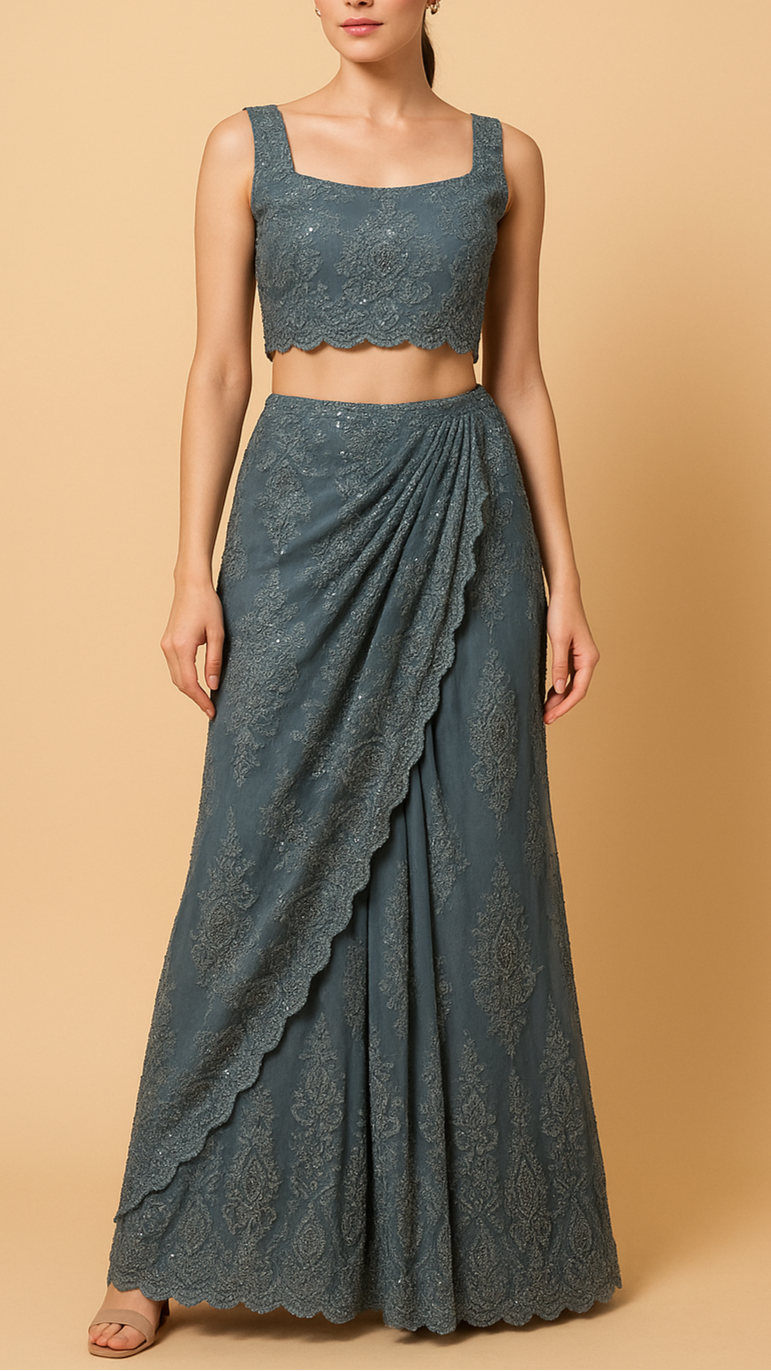 Grey Imported Net Fabric With All Over Sequins & Katdana Handwork with Scalloped Elegance | 12349
