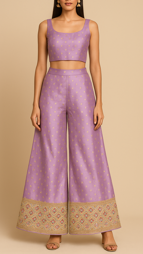Lavender Silk Fabric With All Over Zari Buti With One Side Zari, Thread and Sequins Work Border 16001
