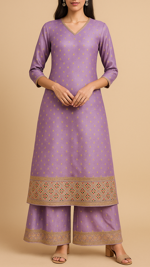 Lavender Silk Fabric With All Over Zari Buti With One Side Zari, Thread and Sequins Work Border 16001