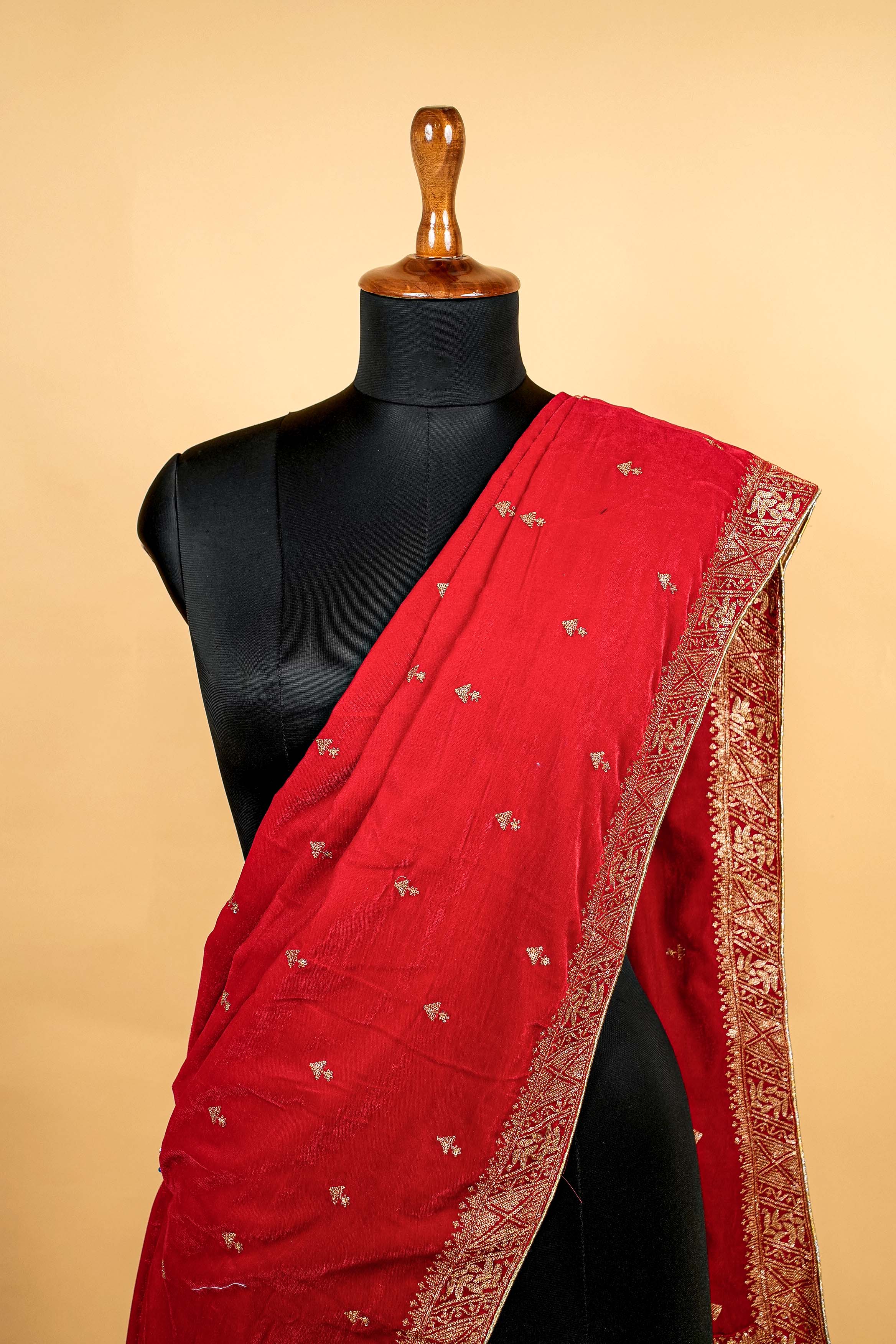 Red Dupatta with Zari and Sequins Allover work with Border