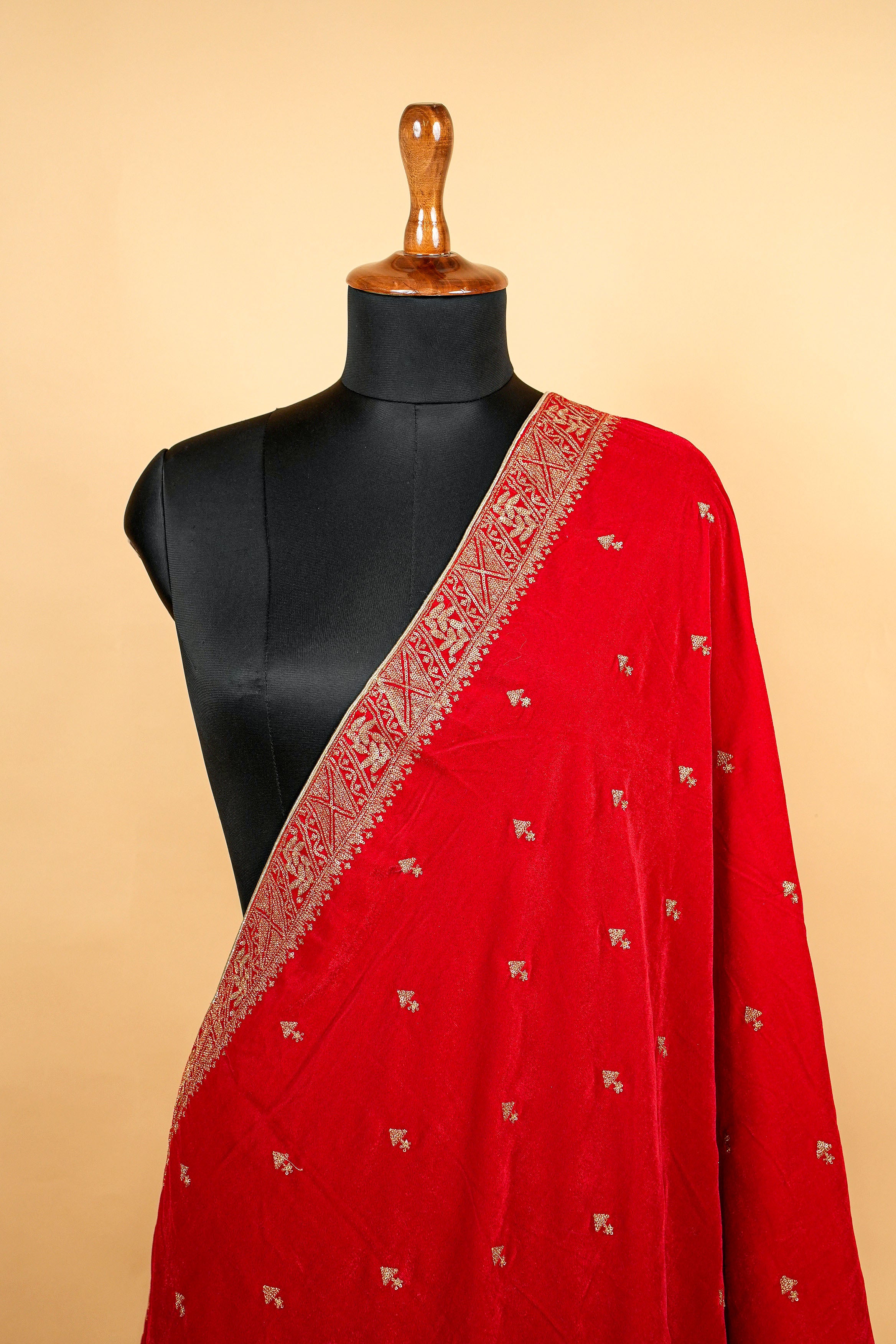 Red Dupatta with Zari and Sequins Allover work with Border