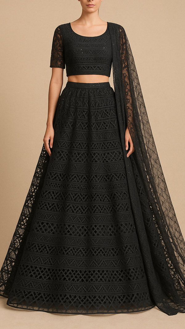 Black Imported Net Fabric With All Over Thread And Sequins Work 16858