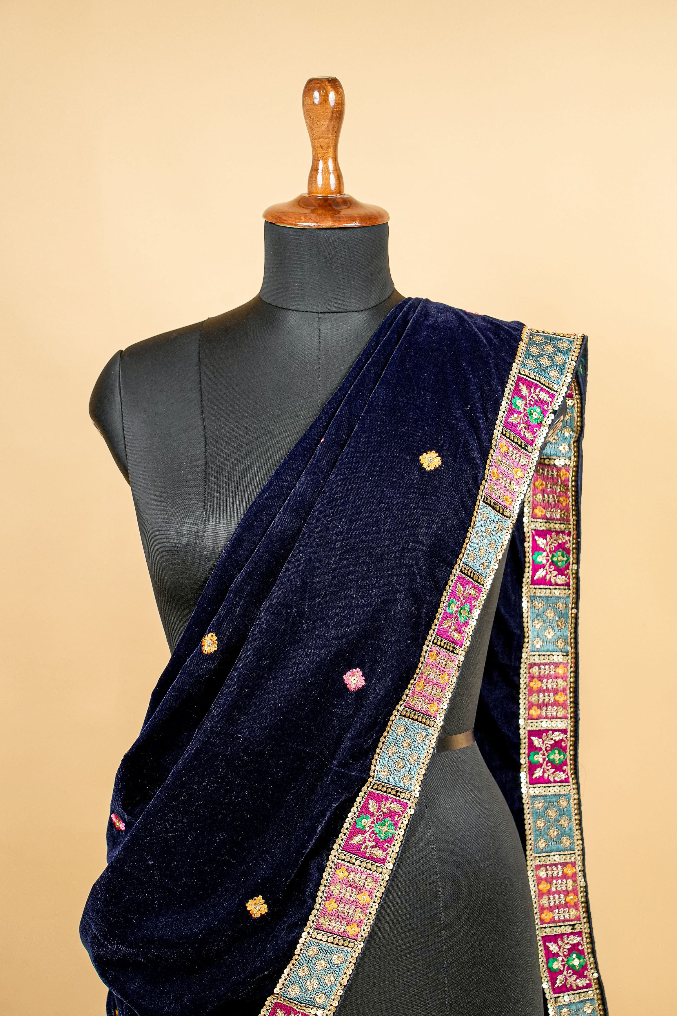 Navy Blue Dupatta With Sequins ,Zari And Multicolor Threadwork with Border