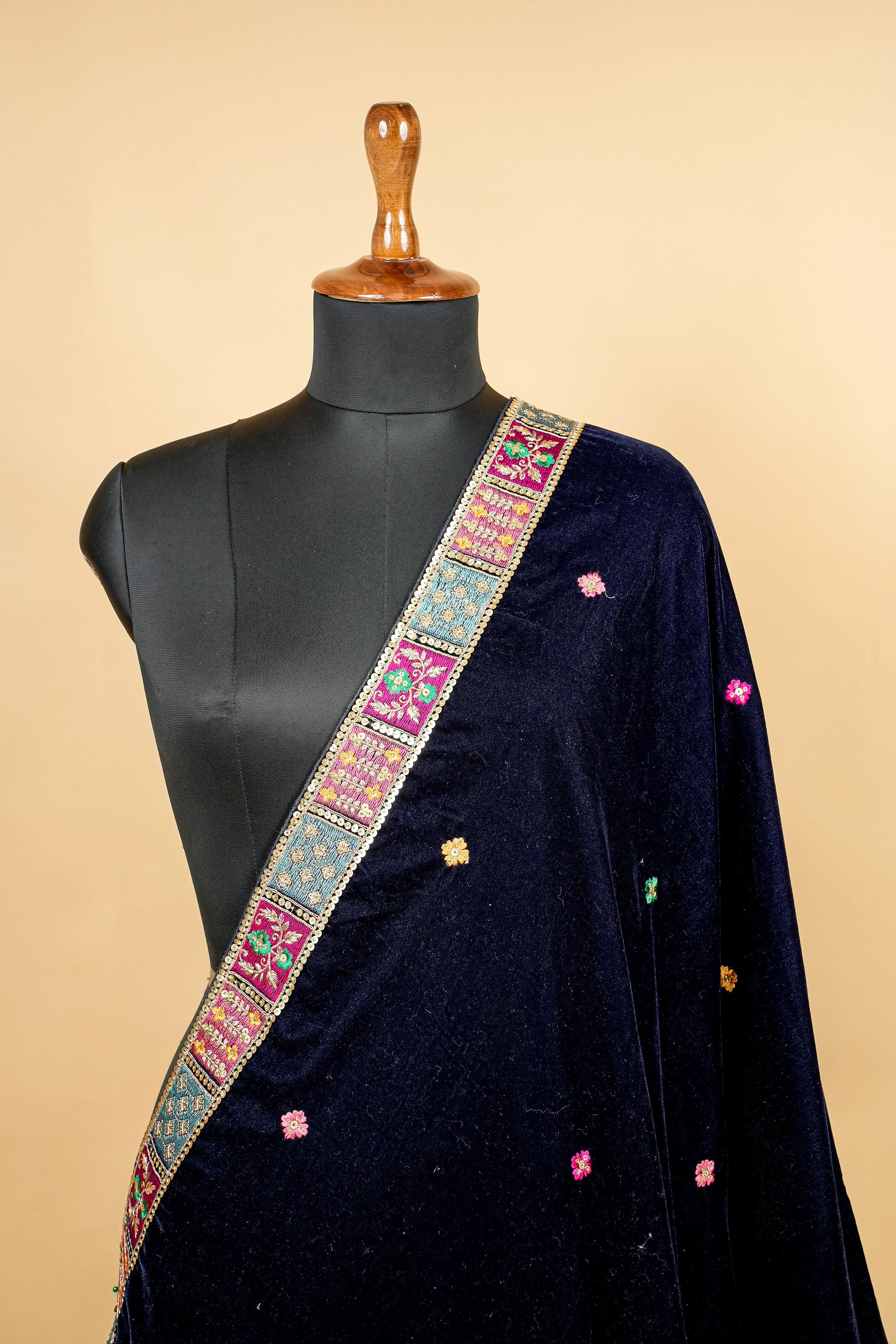 Navy Blue Dupatta With Sequins ,Zari And Multicolor Threadwork with Border