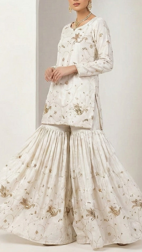 White Dyeable Crepe Fabric With Peacock Motif Of Zari, Katdana And Sequins Work 21071