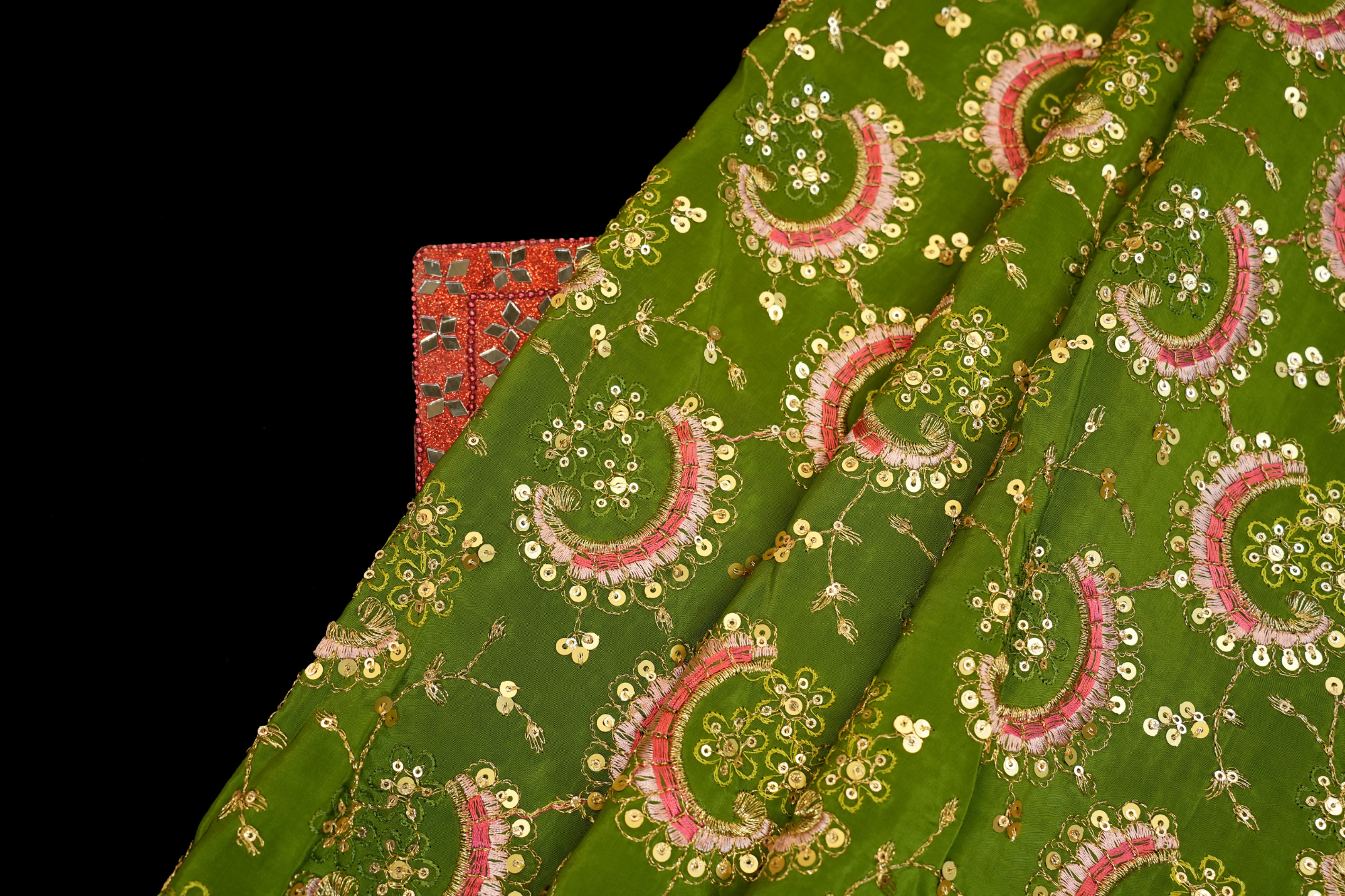 Olive Georgette with Multicolor Threads, Golden Sequins, and Floral Zari Work