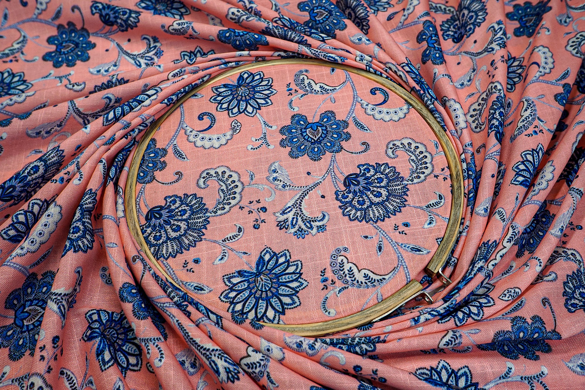 Peach Cotton Fabric with Blue Floral Charm