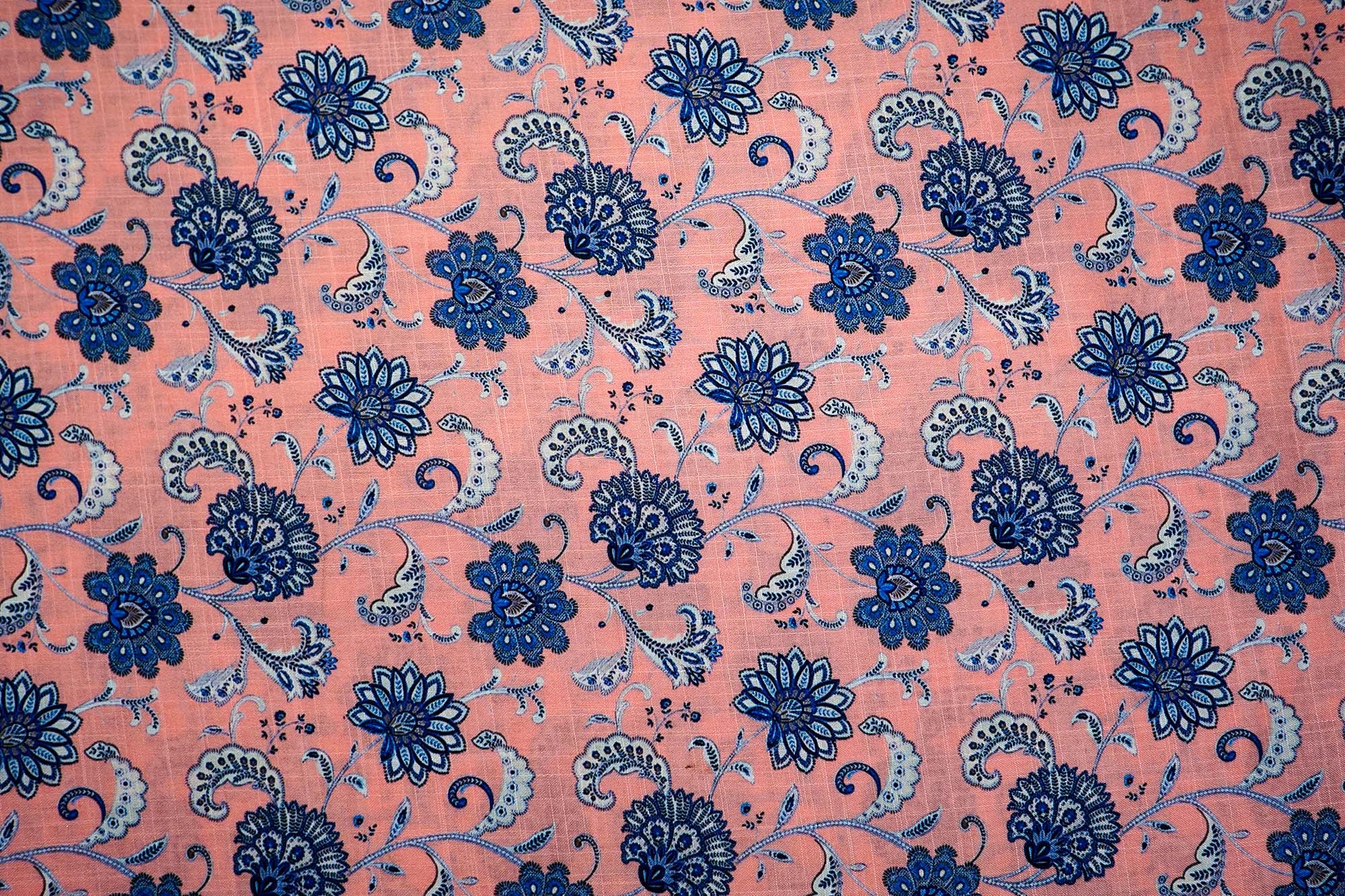 Peach Cotton Fabric with Blue Floral Charm