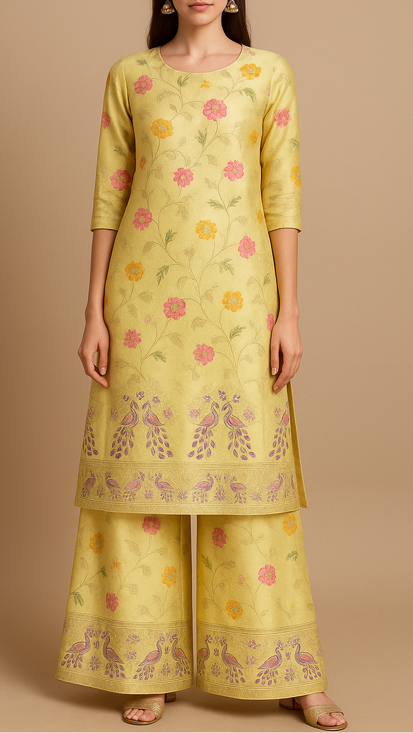 Lemon Yellow Silk Fabric With All Over Floral Print And Zari Handloom With One Side Heavy Border 16418