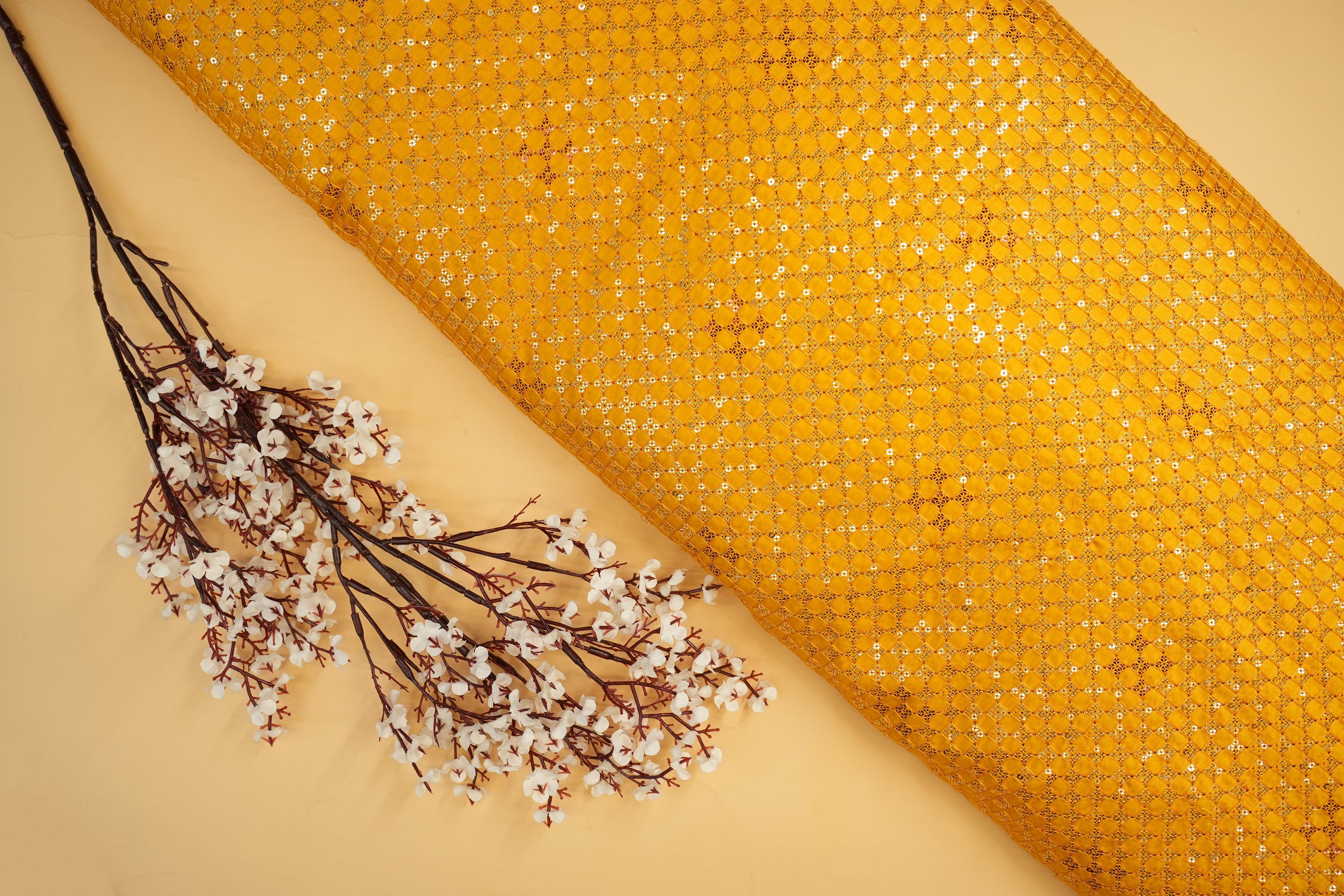 Mustard Satin Silk with Geometric Thread Work and Sequins