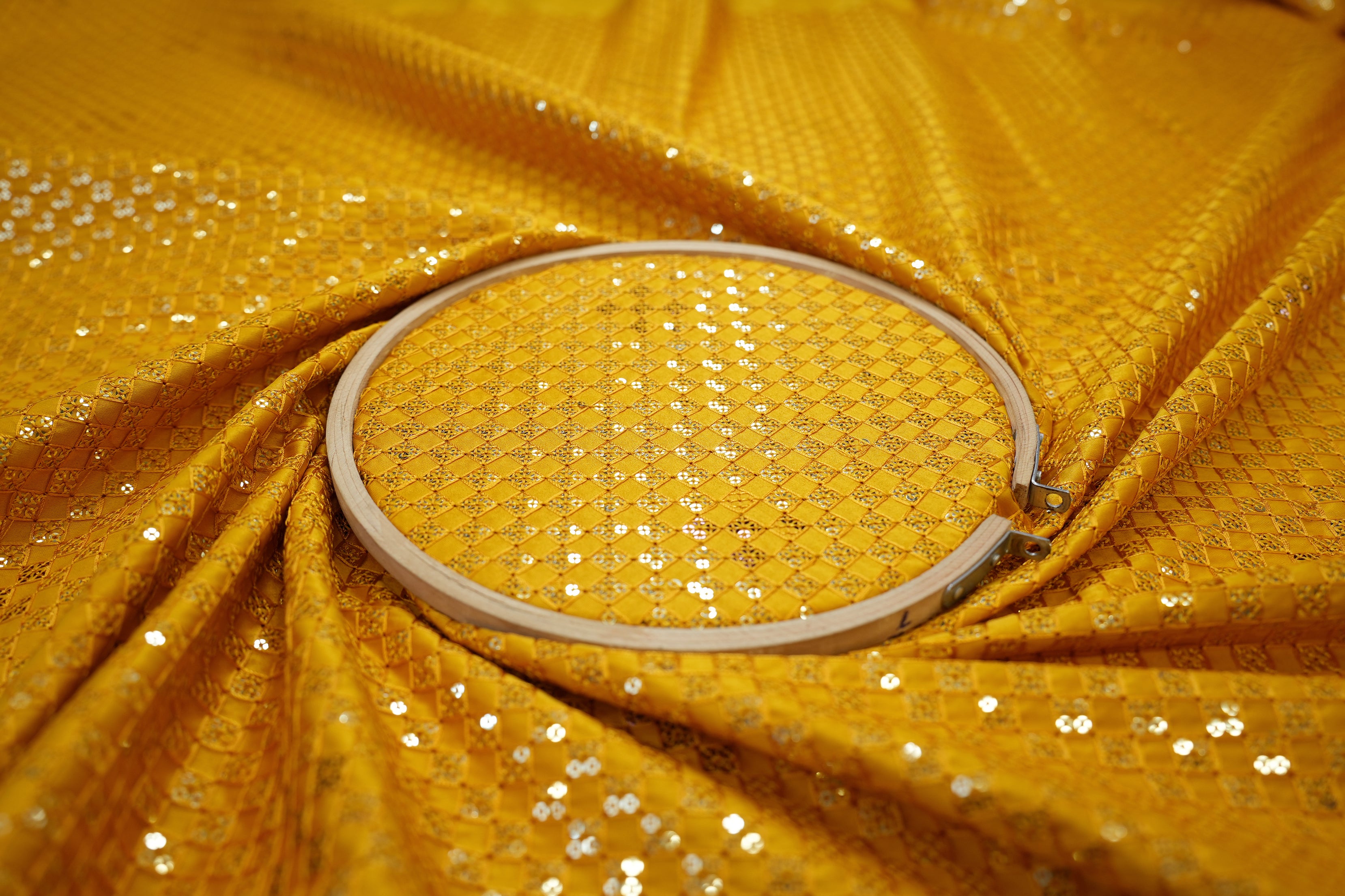 Mustard Satin Silk with Geometric Thread Work and Sequins