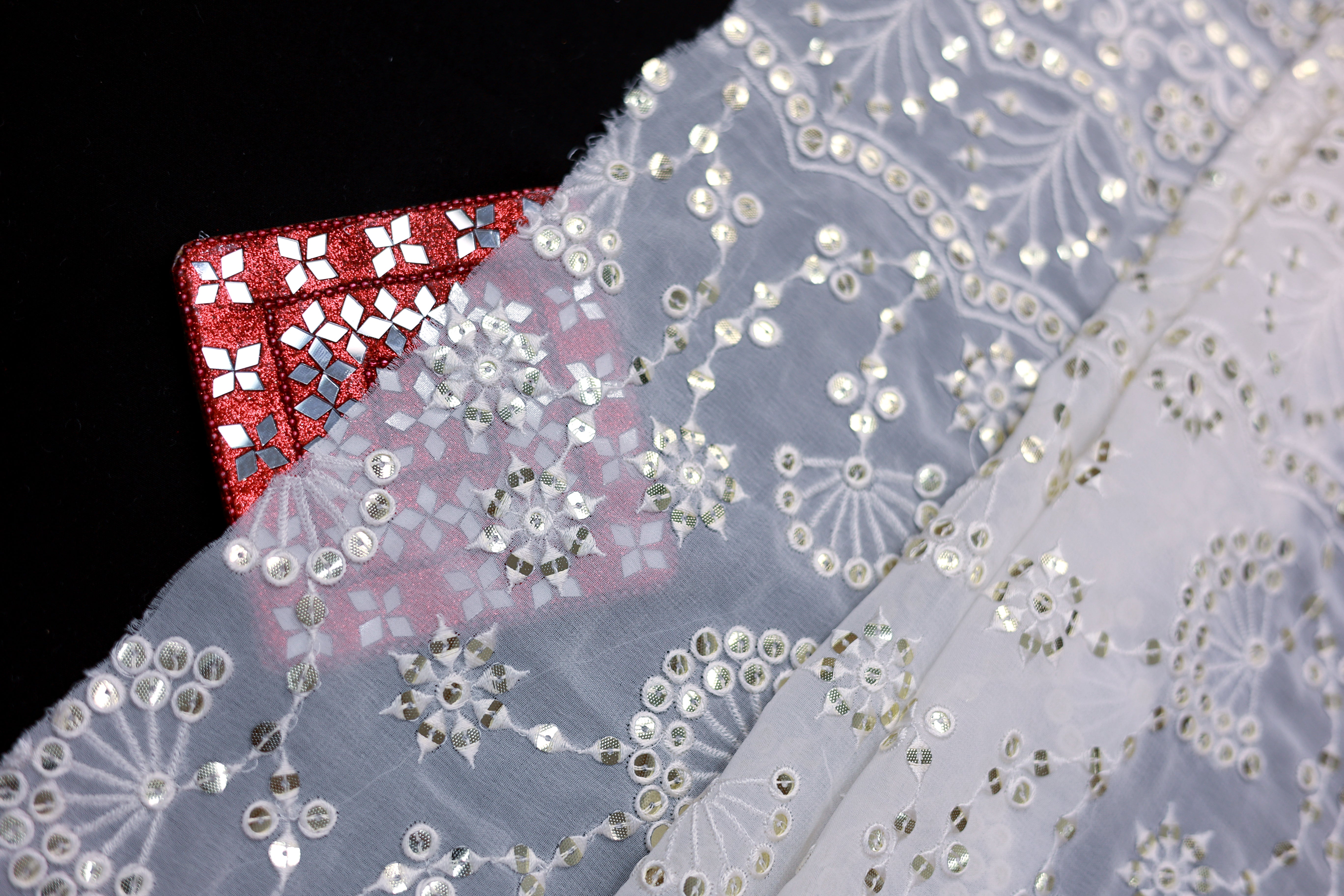 Floral Pattern Thread And Golden Sequins Embroidered Georgette Fabric With Border