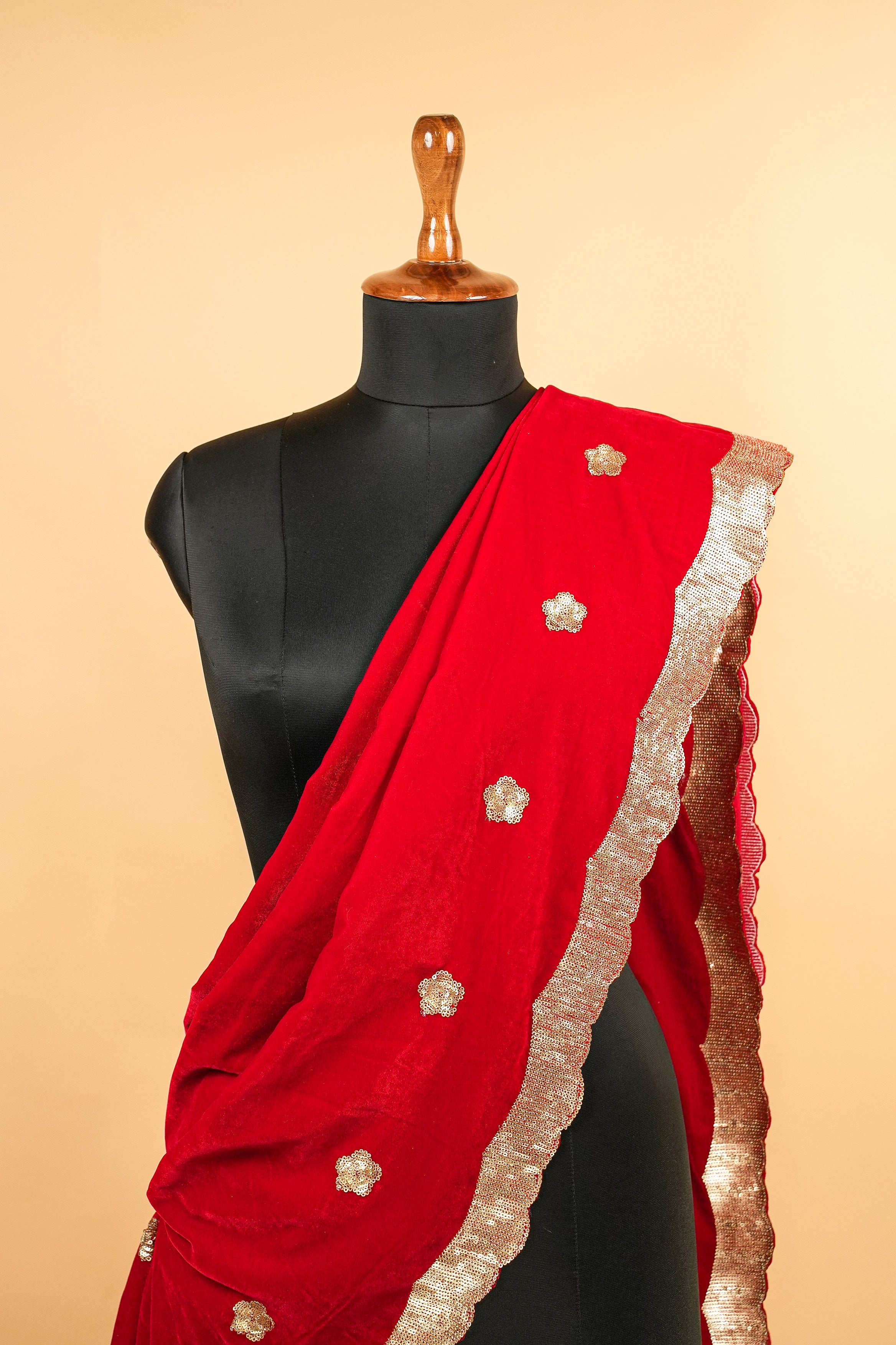 Red Blue Dupatta With Sequins Butti Allover and Border