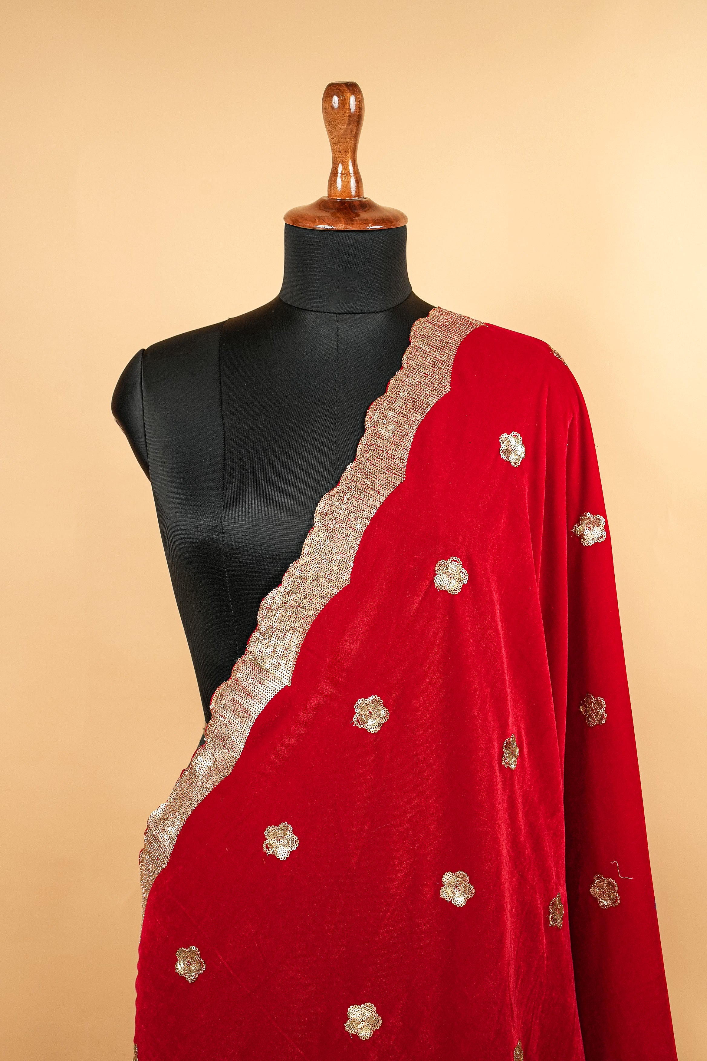 Red Blue Dupatta With Sequins Butti Allover and Border