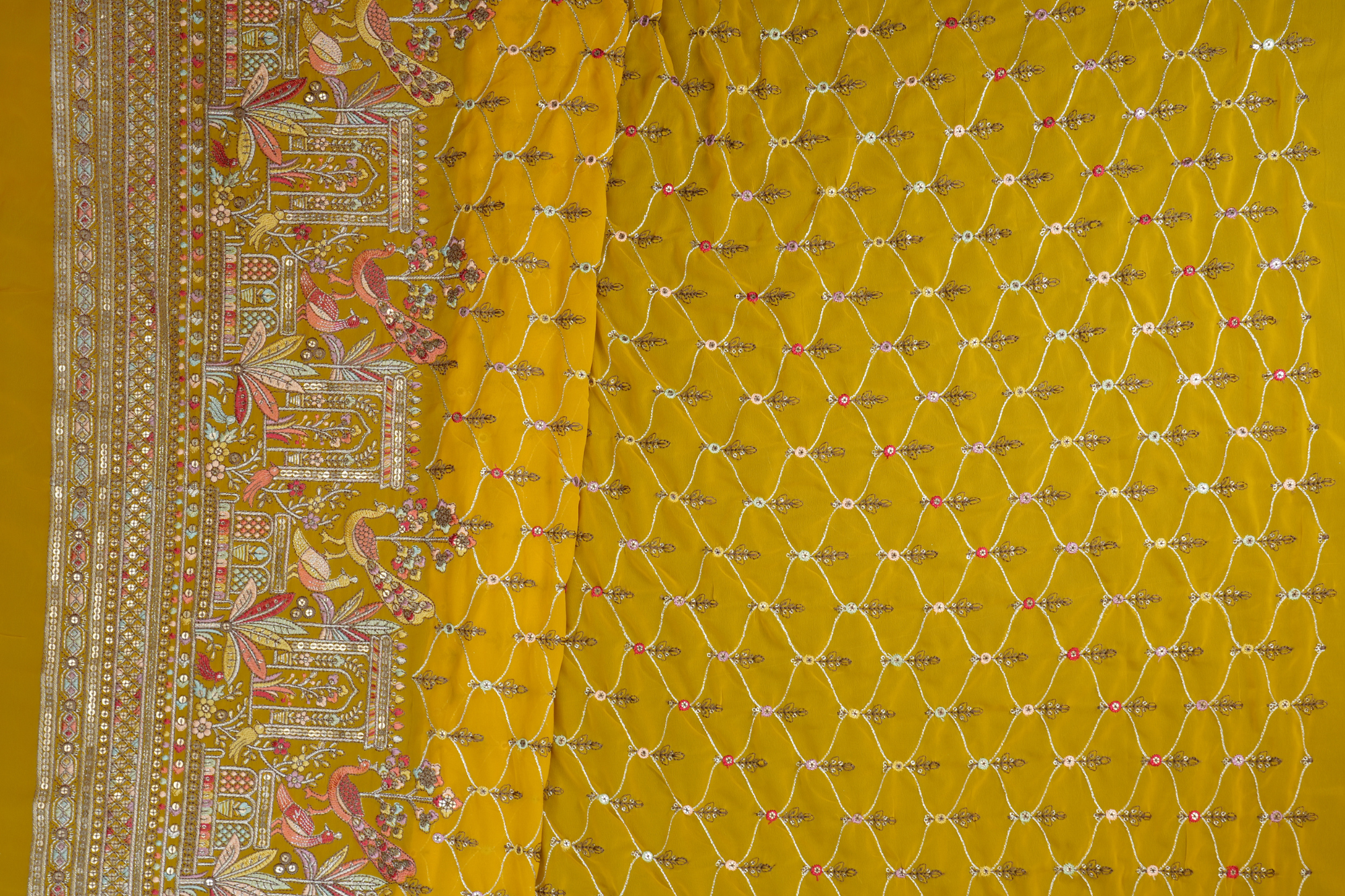 Yellow Georgette with Multicolor Thread, Sequins, and Golden Zari