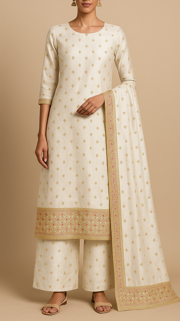 White Silk Fabric With All Over Zari Buti With One Side Zari, Thread and Sequins Work Border 16003
