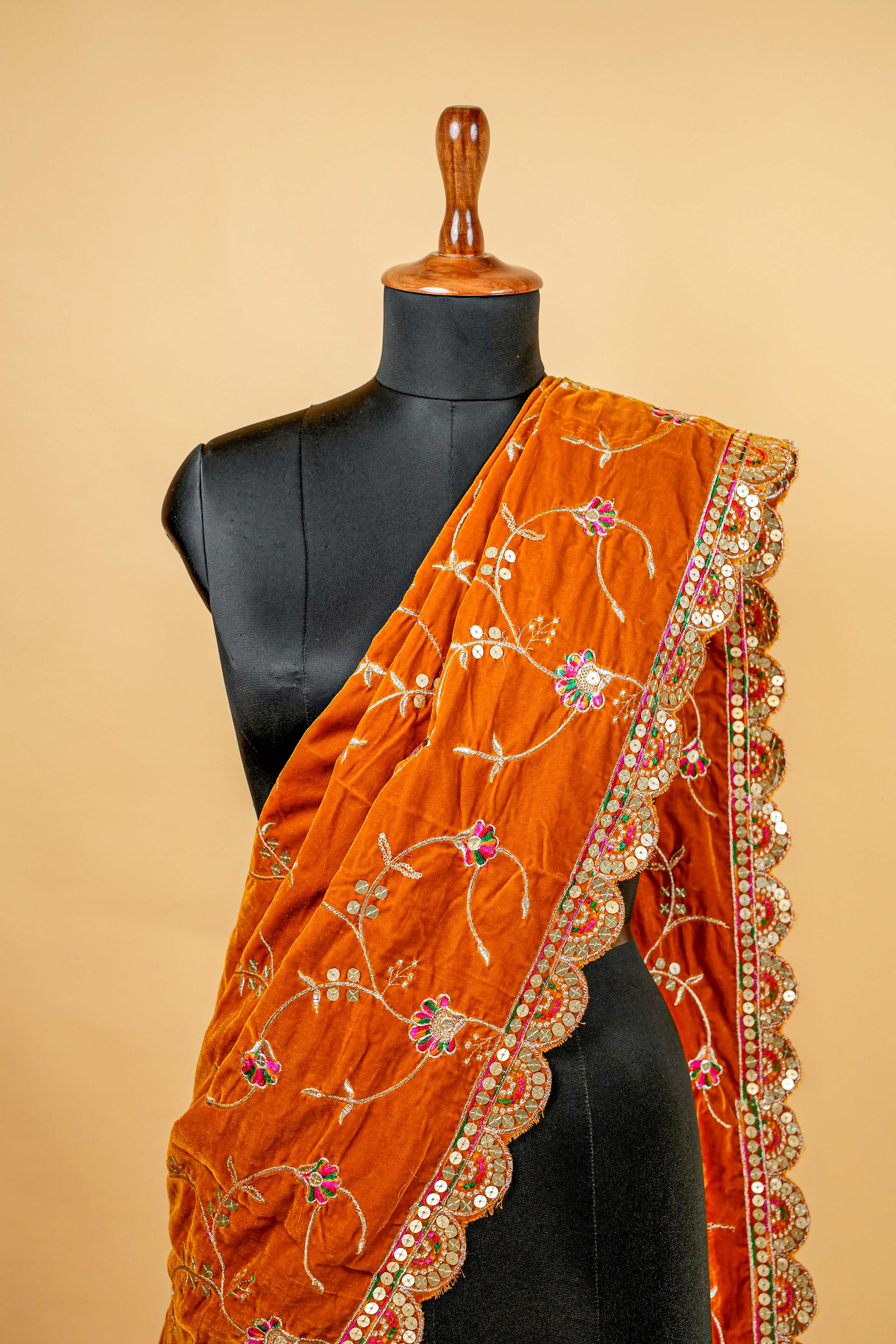 Tangerine Colored Dupatta with Zari ,Sequins and Multicolor Threadwork with Border