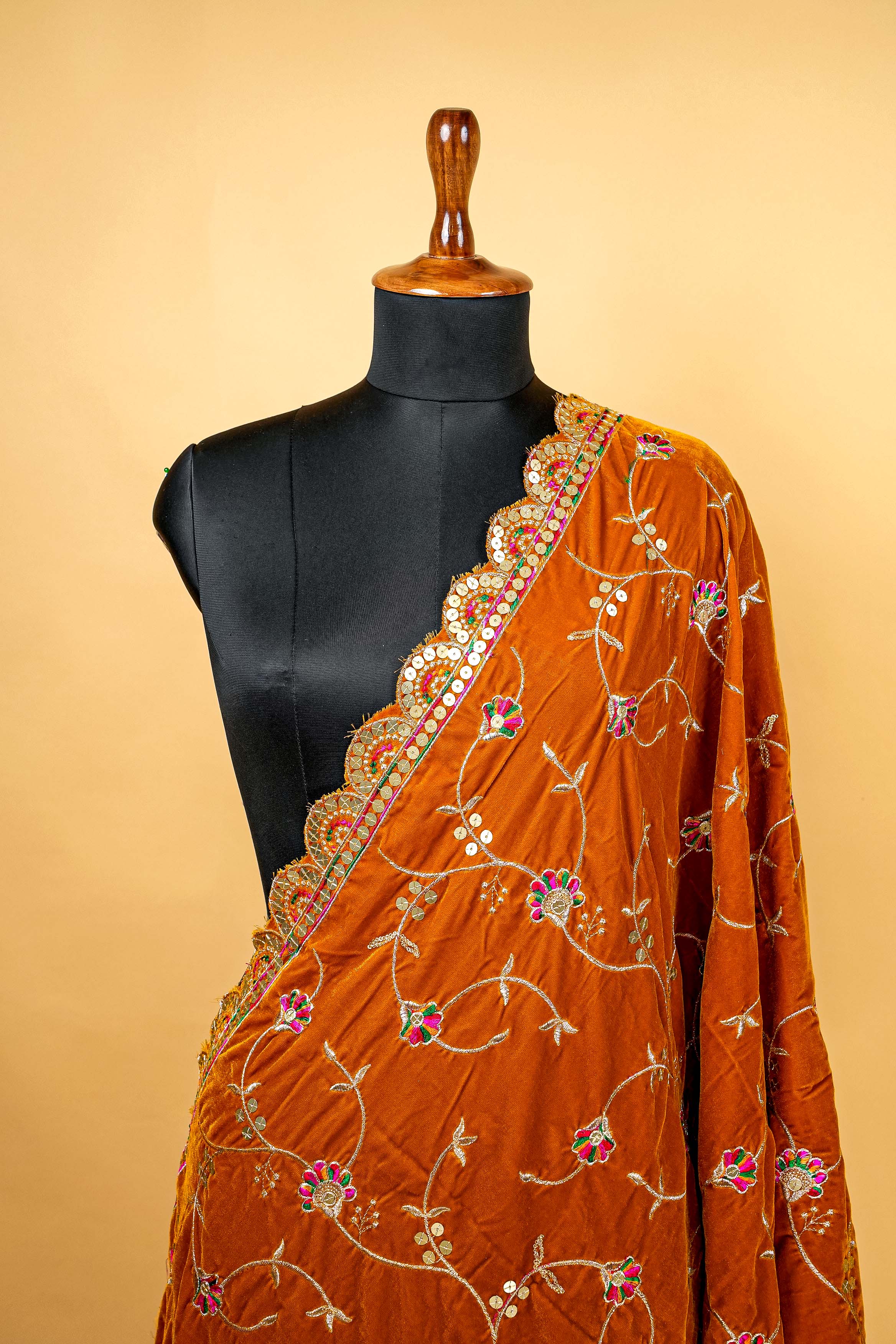 Tangerine Colored Dupatta with Zari ,Sequins and Multicolor Threadwork with Border