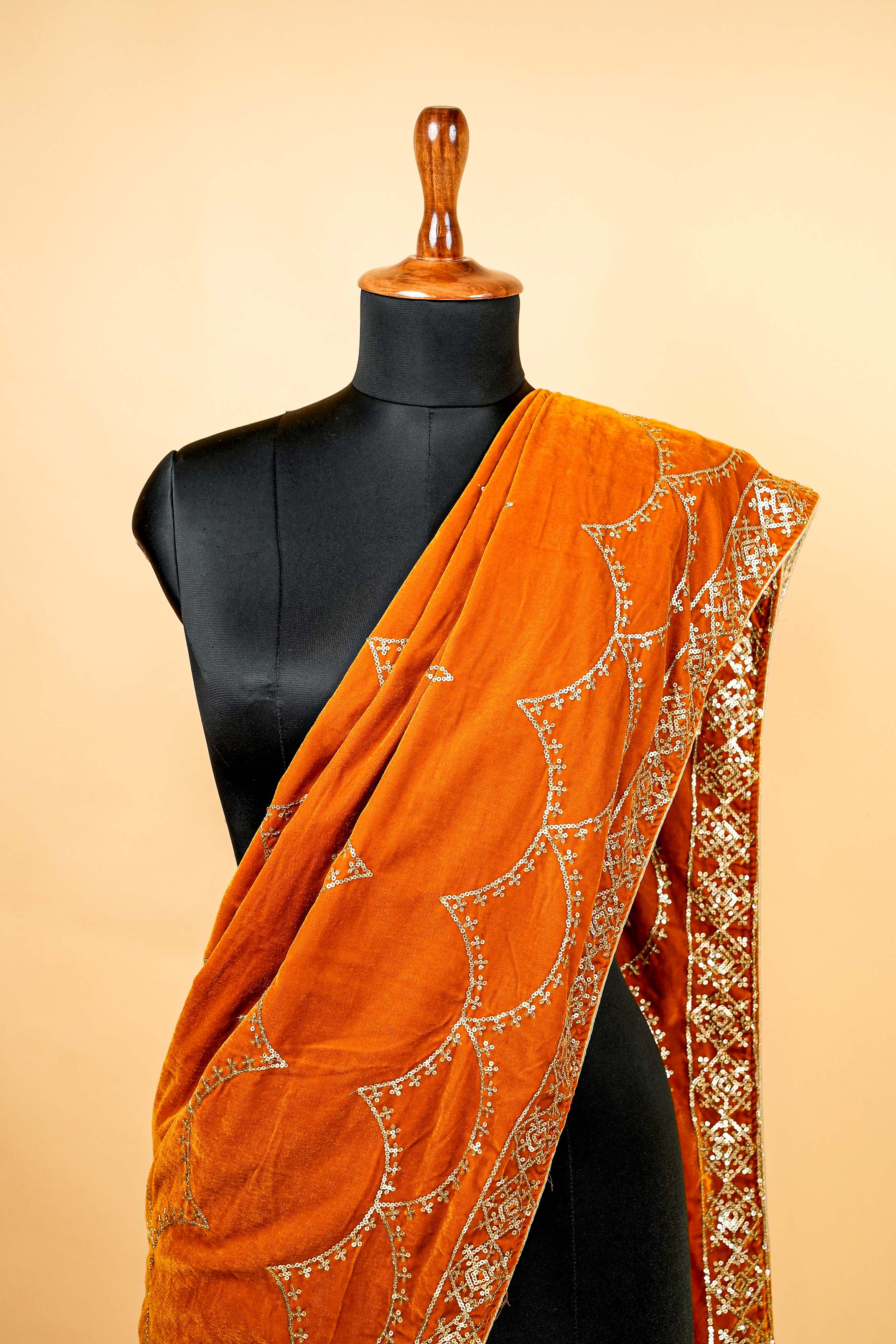 Tangerine Colored Dupatta with Zari Threadwork Border and Swaroski  Work Allover