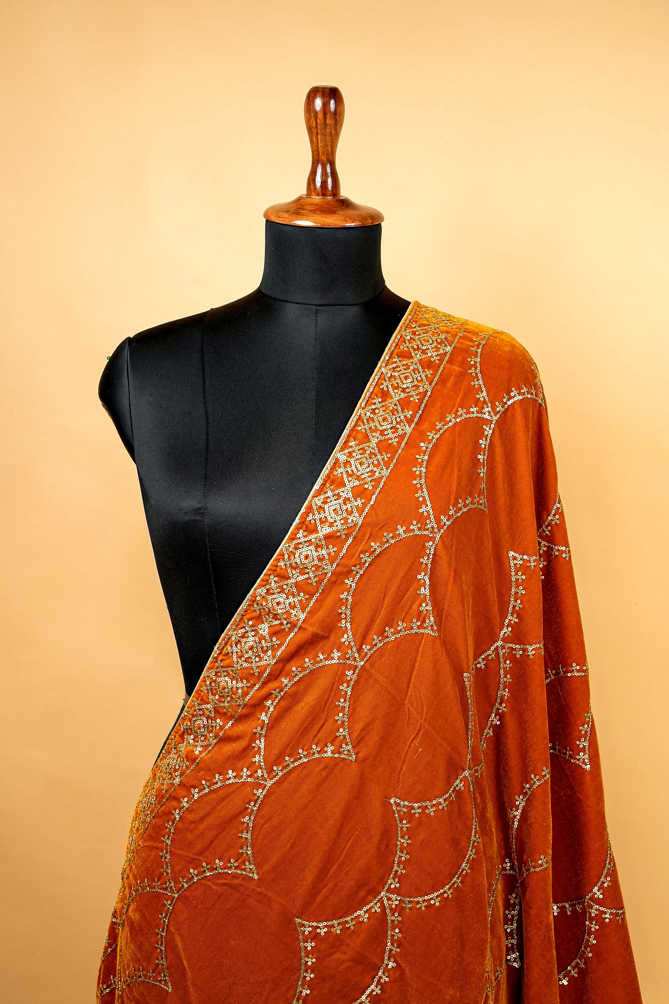 Tangerine Colored Dupatta with Zari Threadwork Border and Swaroski  Work Allover