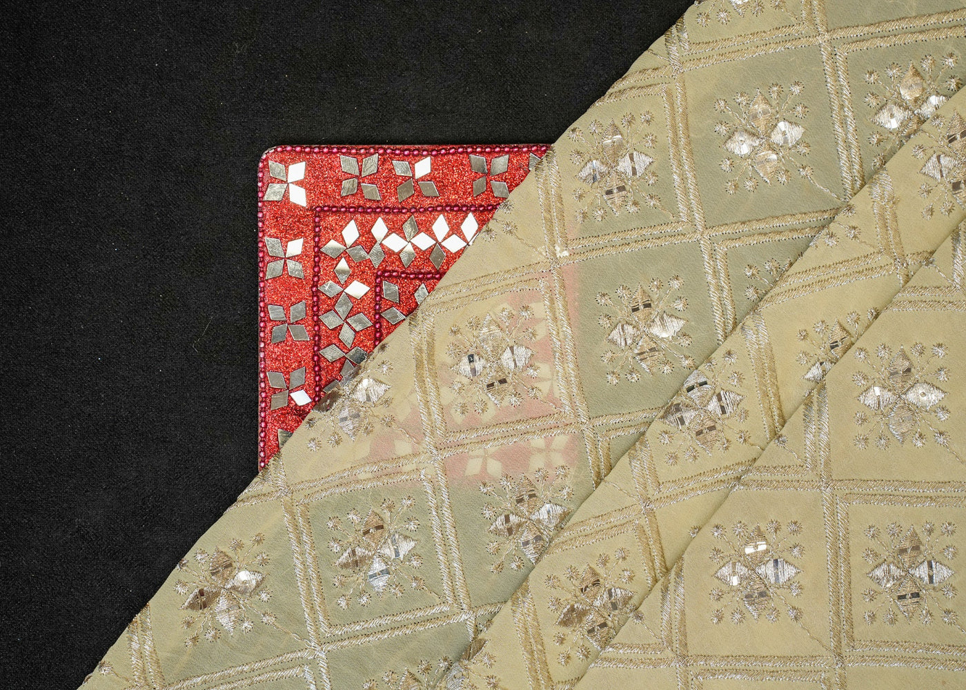 Golden Zari & Sequins Geometric Pattern on Lemon Georgette