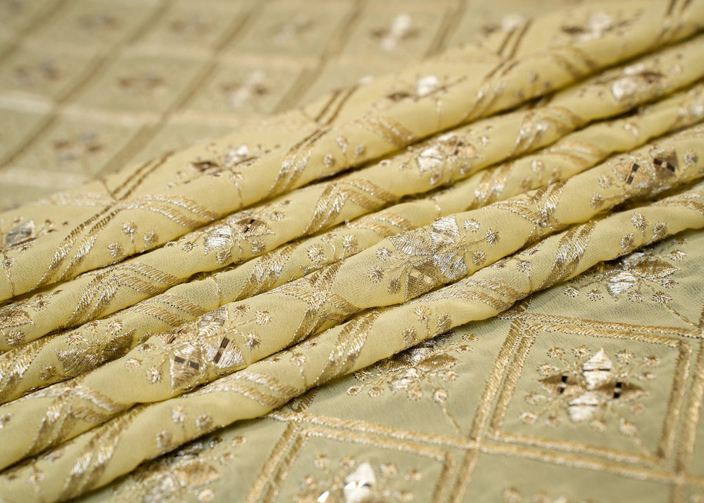 Golden Zari & Sequins Geometric Pattern on Lemon Georgette