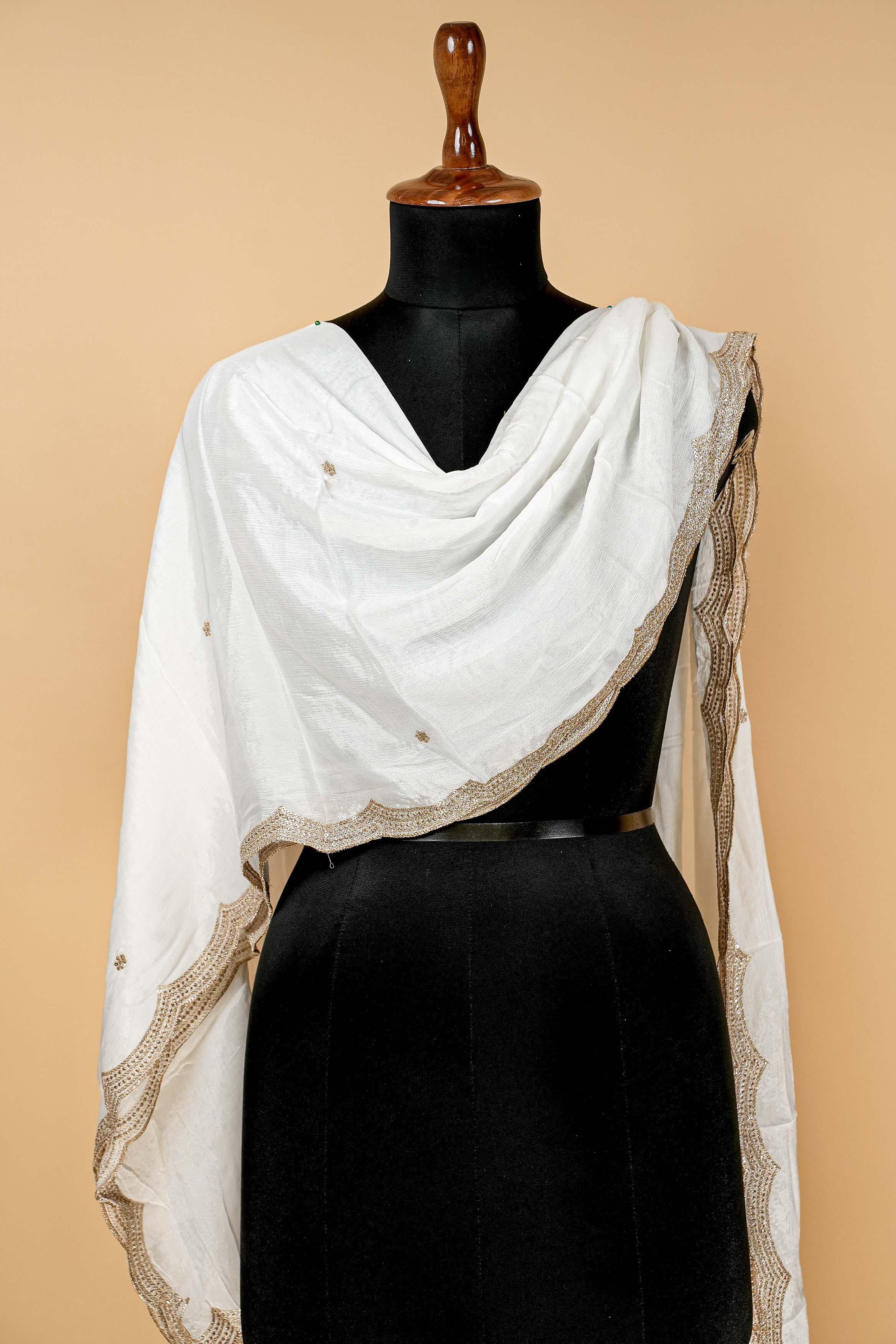 White Dupatta with Zari work and Scallop Border