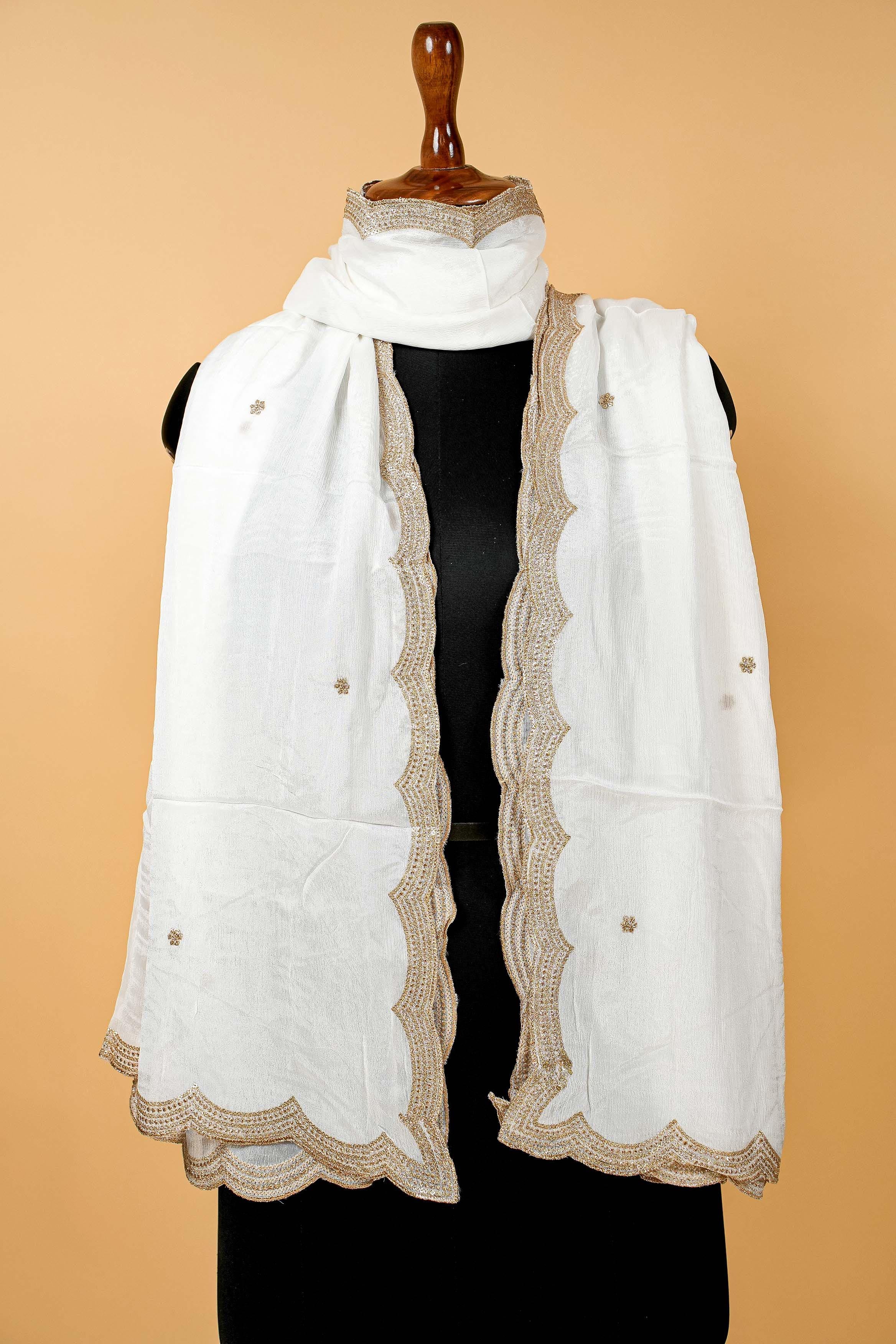 White Dupatta with Zari work and Scallop Border