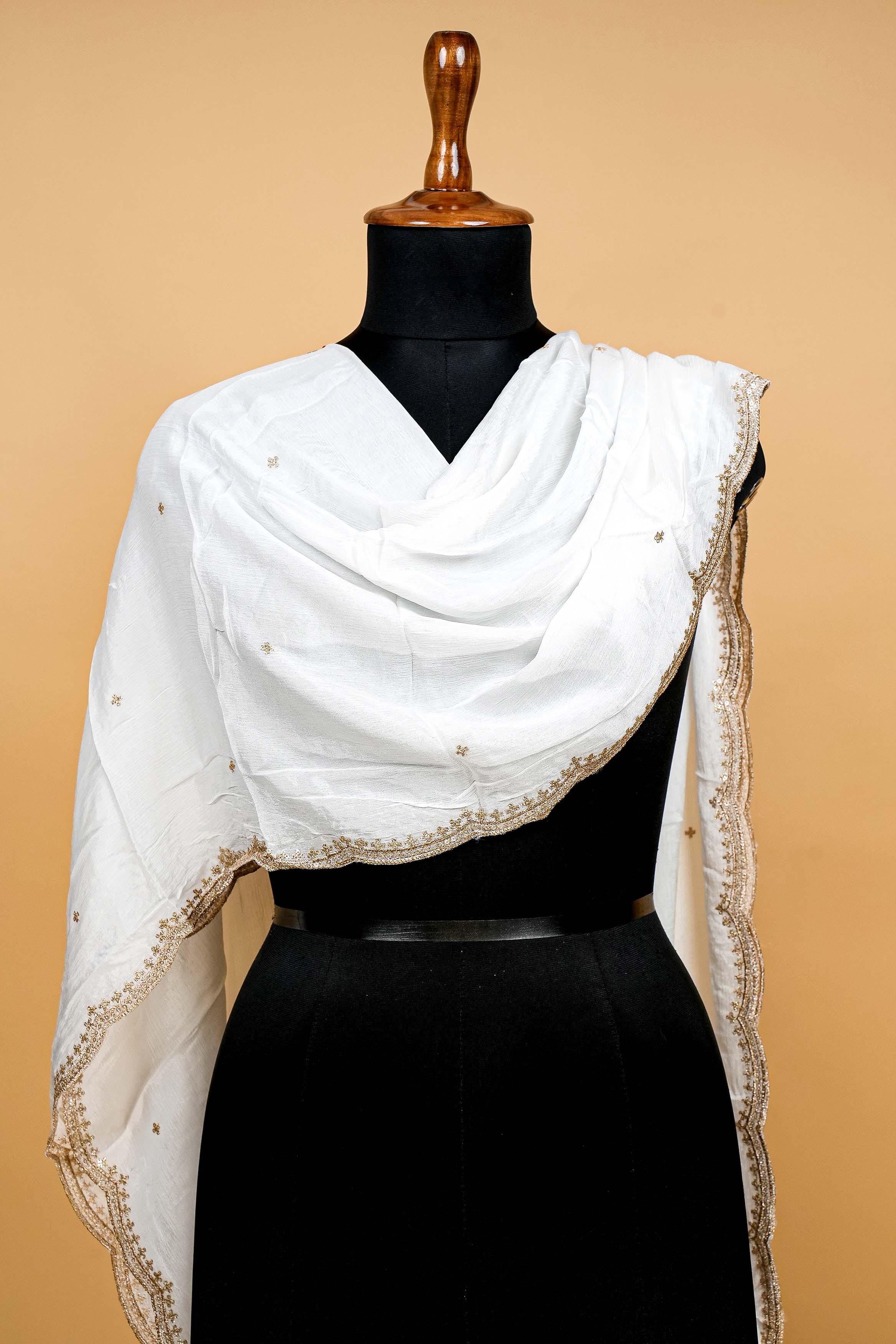 White Dupatta with Zari,sequins and Scallop Border