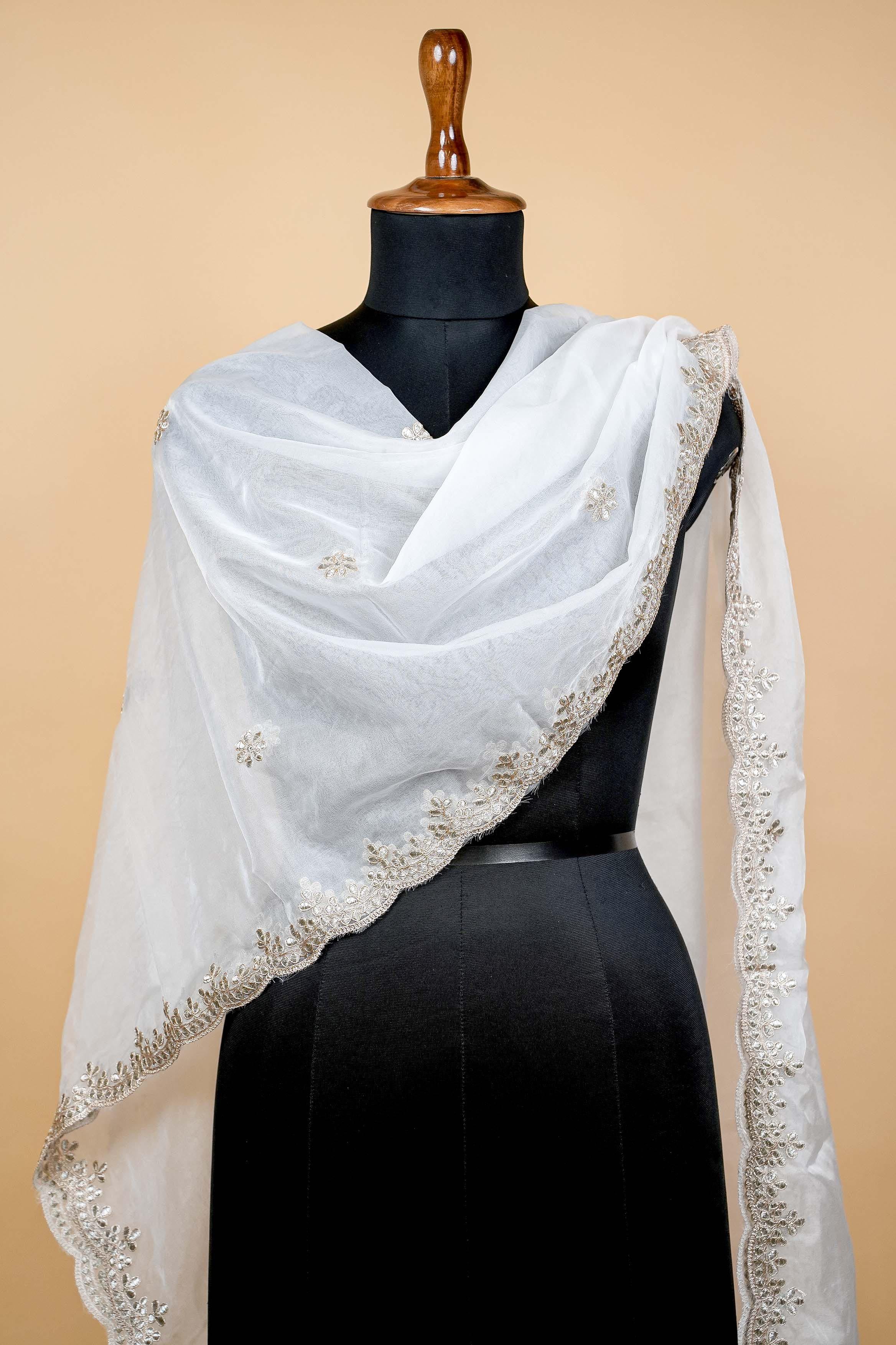 White Dupatta with gotta patti work and Scallop Border