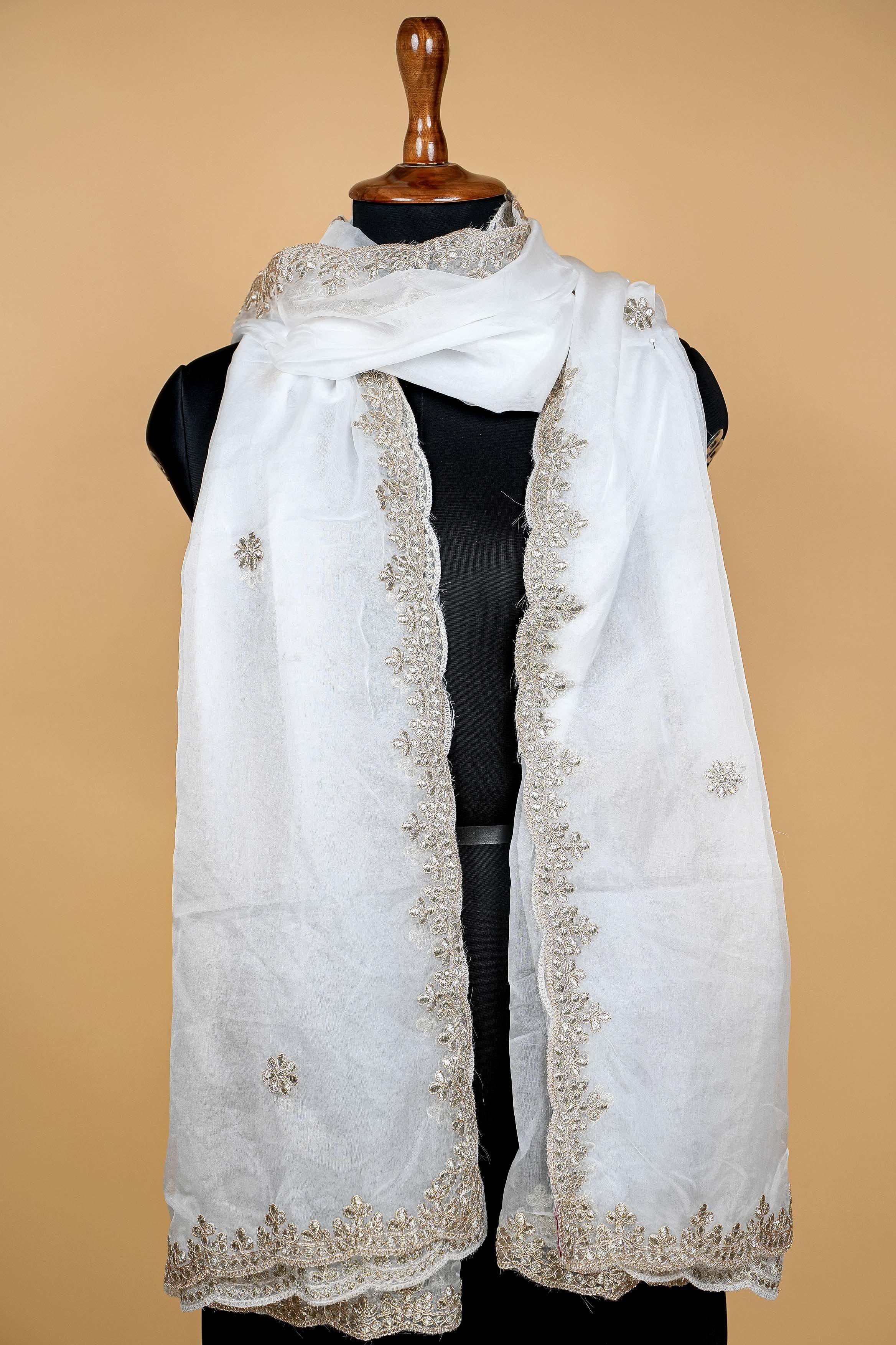 White Dupatta with gotta patti work and Scallop Border