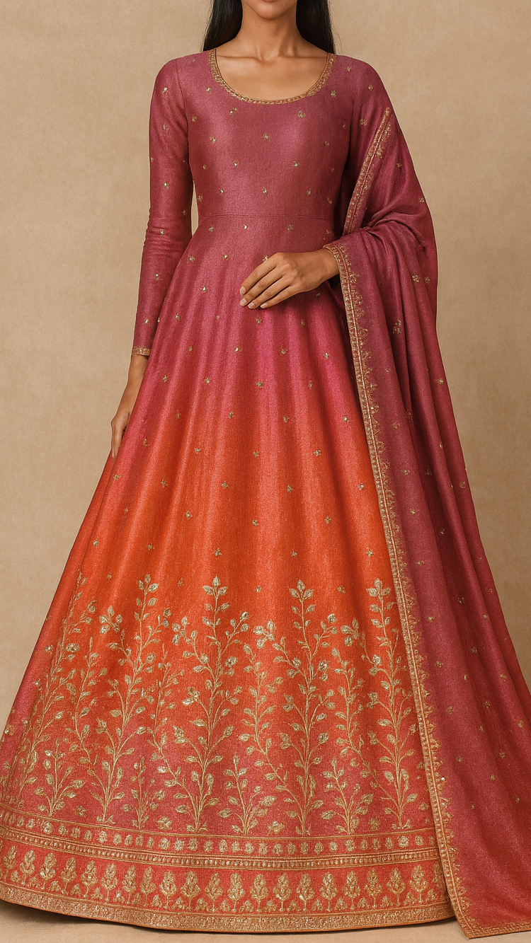 Orange And Pink Tissue Ombre Fabric With All Over Faux Mirror, Bead, Sequins, Katdana Buti And One Side Heavy Border 19539