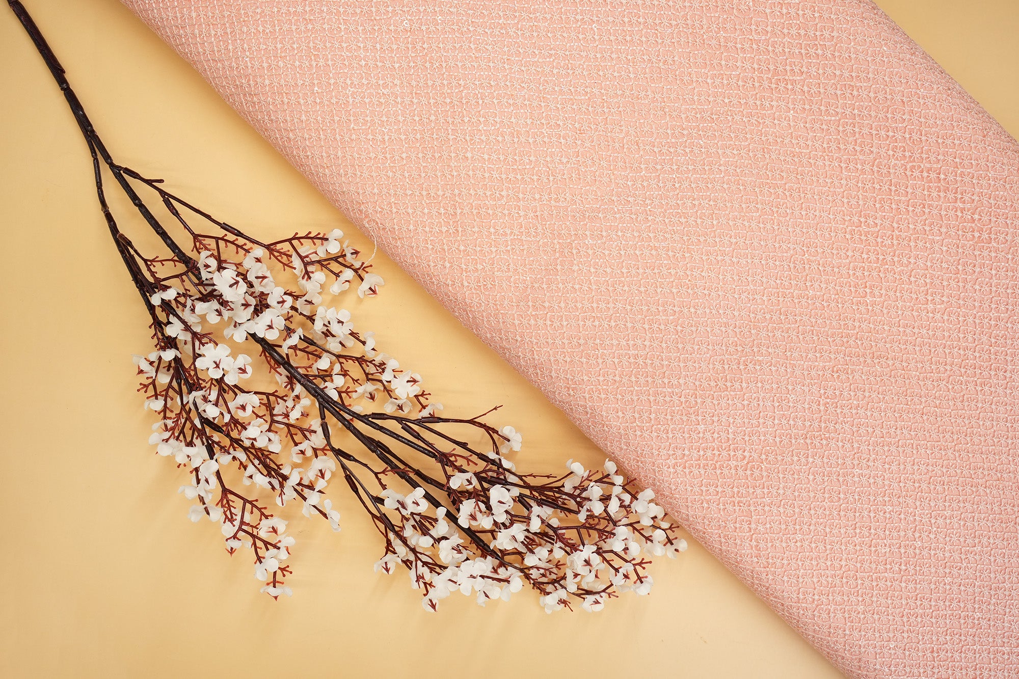 Peach Silk Dupion with Geometric Thread Work & Water Sequins