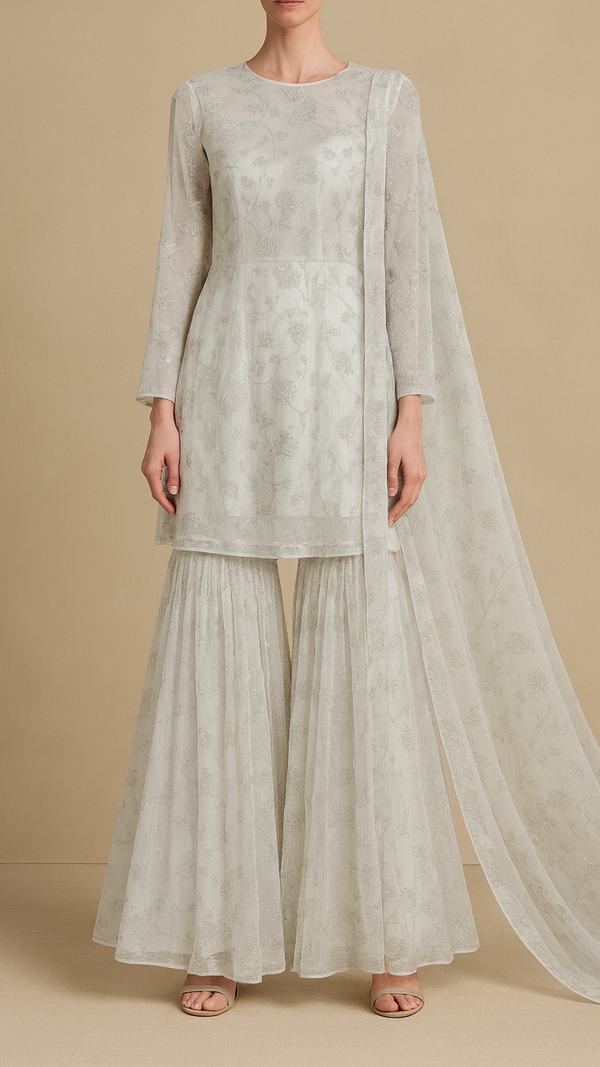 White Dyeable Georgette Fabric with All Over Silver Thread Work 19662