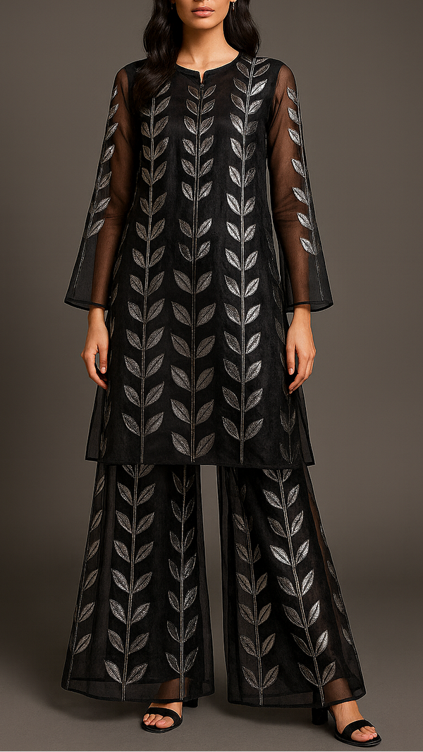 Black Organza Fabric With All Over Leaves Of Foil And Threadwork 16399