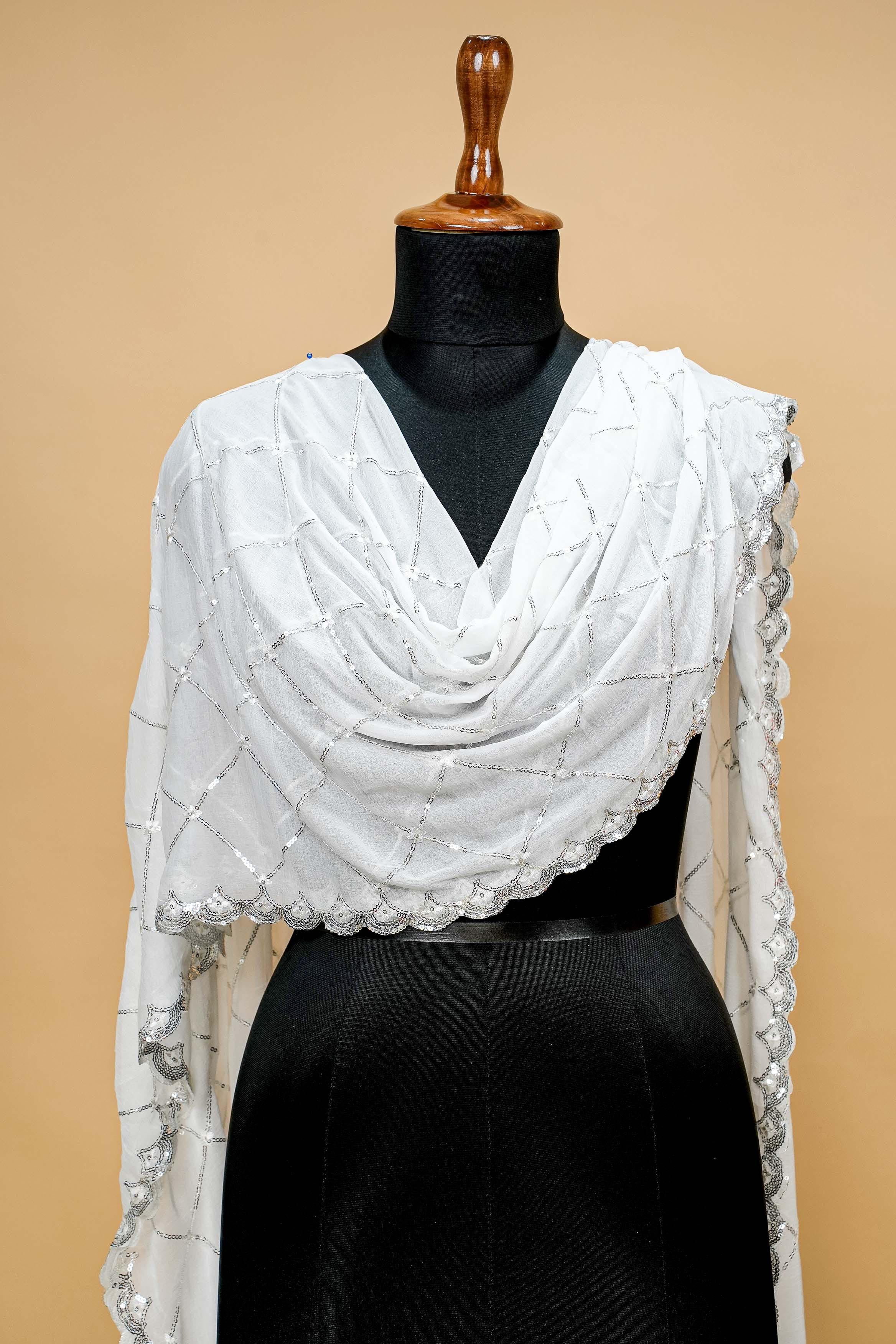 White Dupatta with Thread work, Sequins and Border