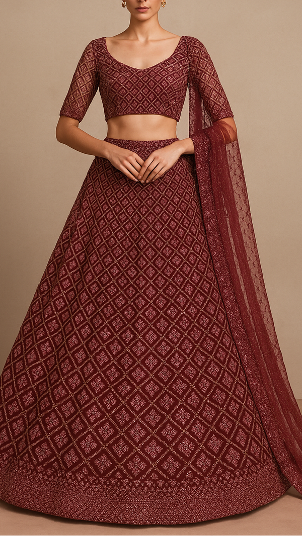 Maroon Imported Net Fabric With All Over Sequins And Bead Work 19399
