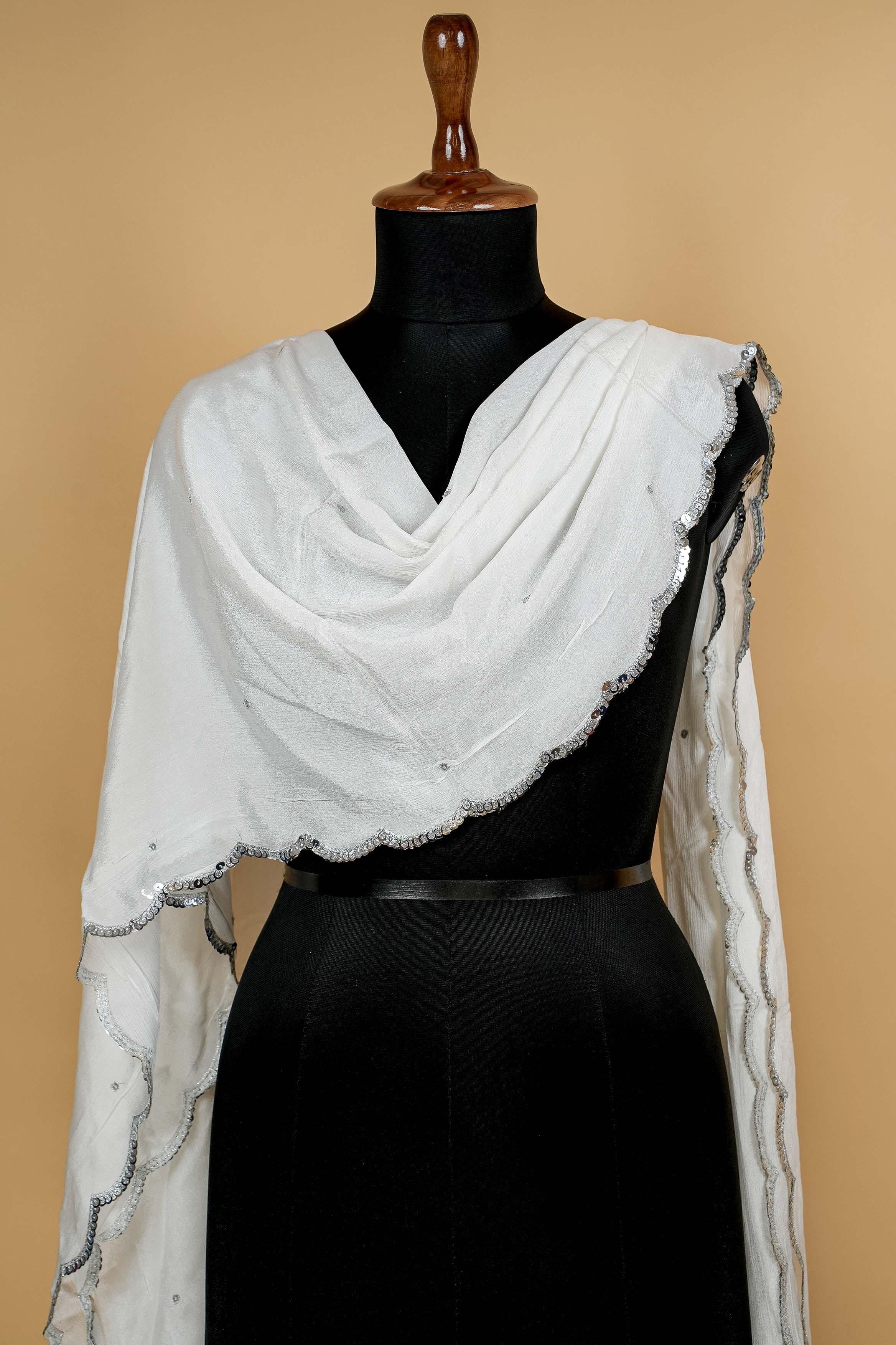 White Dupatta with Thread work, Sequins and Scallop Border