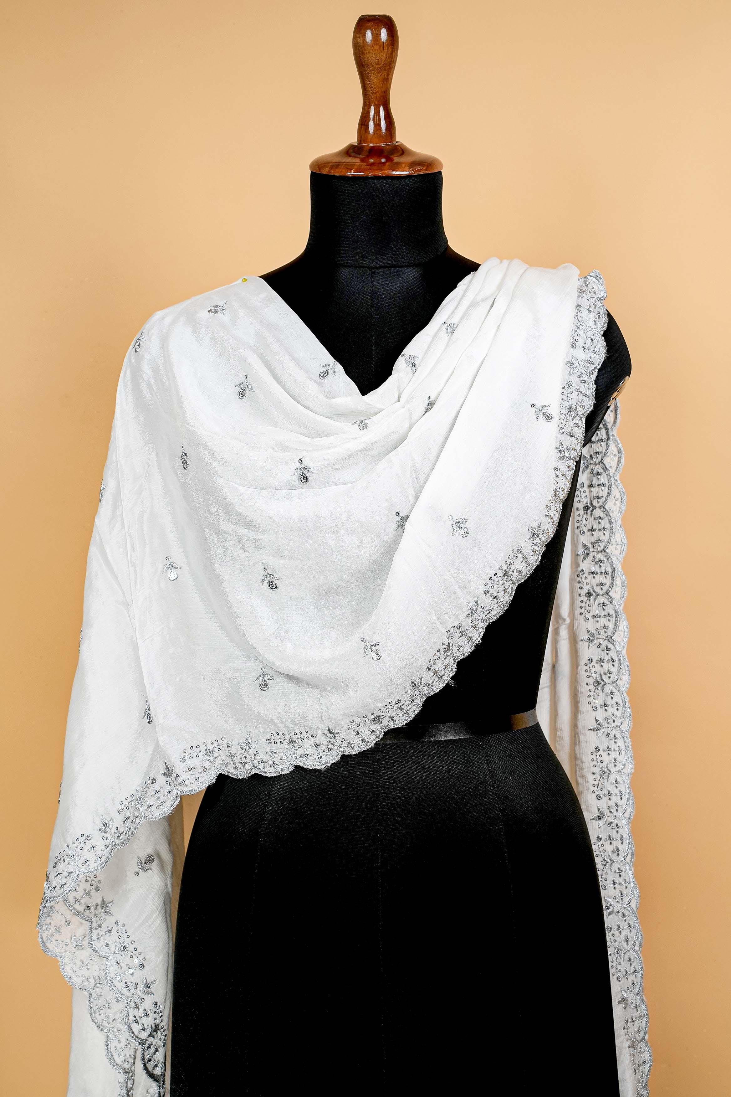 White Dupatta with Thread work, Sequins and Scallop Border