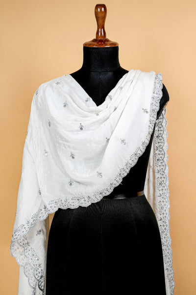 White Dupatta with Thread work, Sequins and Scallop Border 7605