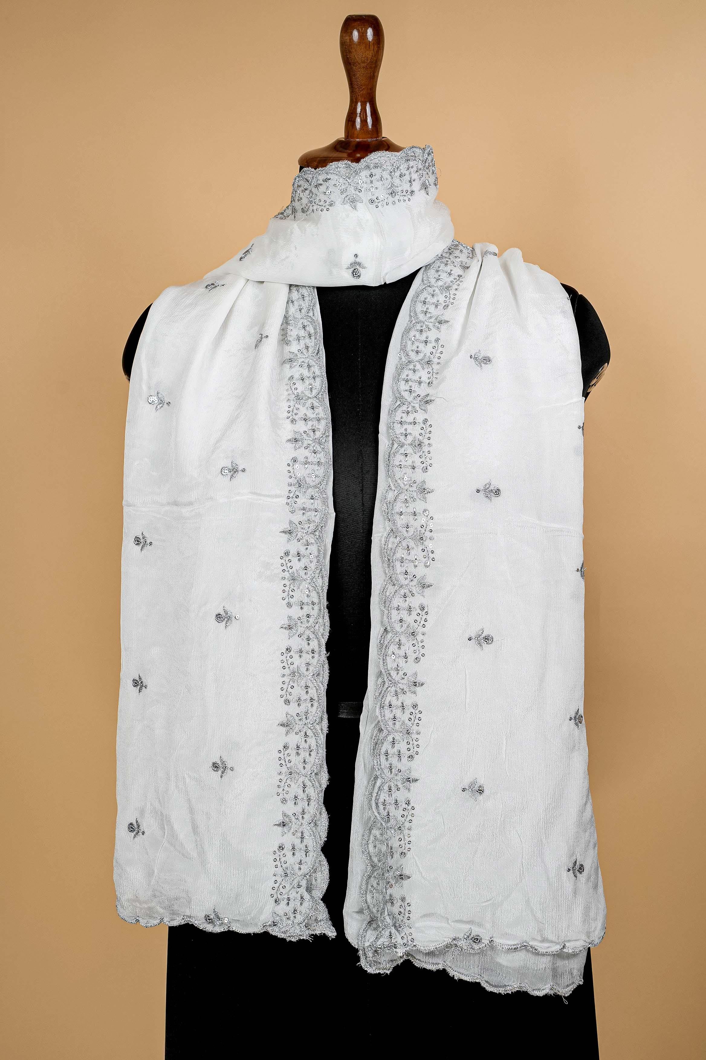 White Dupatta with Thread work, Sequins and Scallop Border