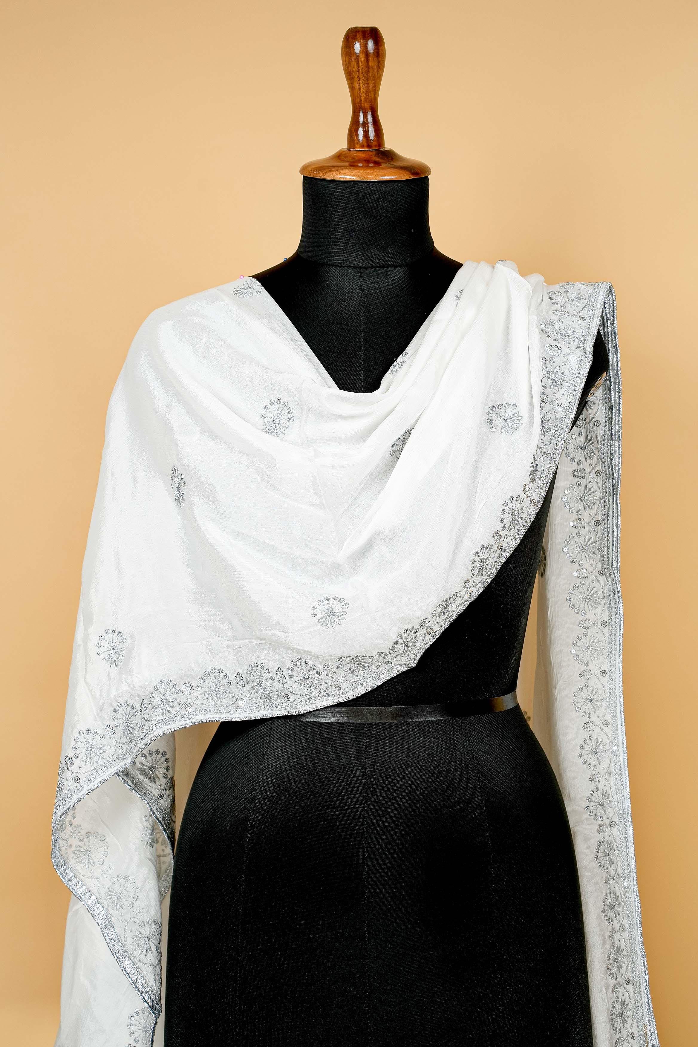 White Dupatta with Thread work, Sequins and Border