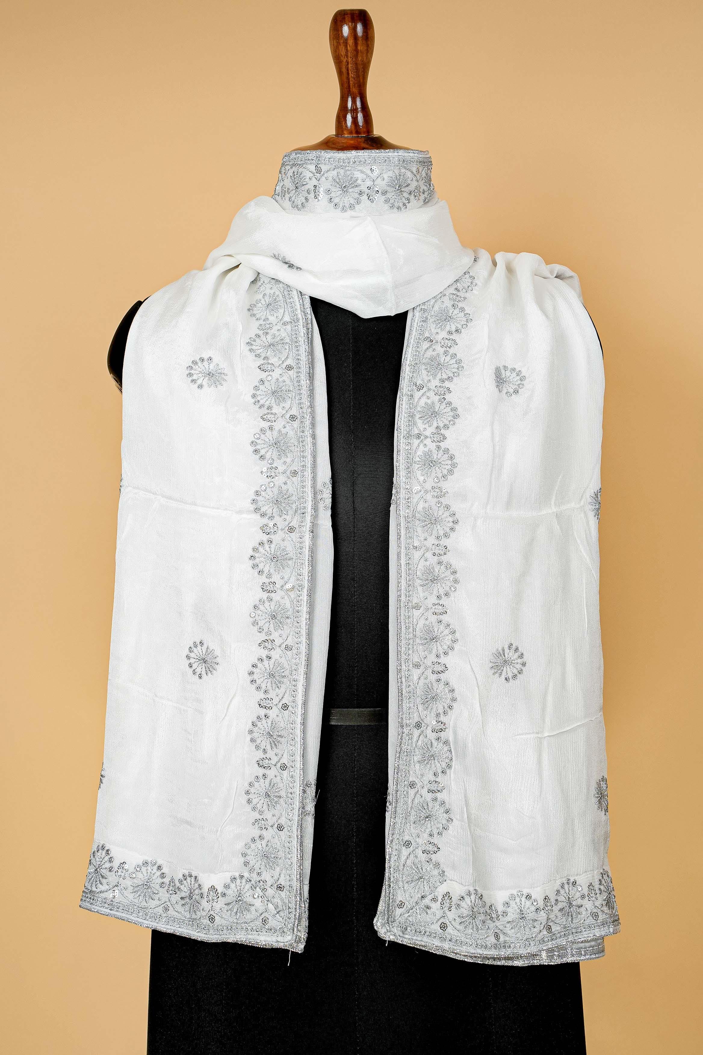 White Dupatta with Thread work, Sequins and Border