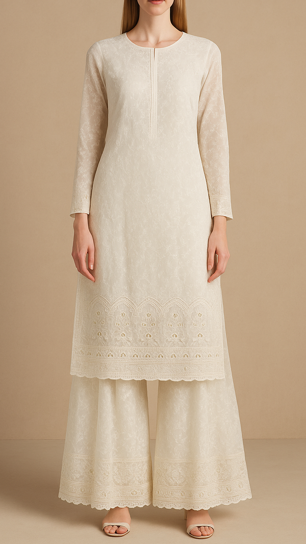 White Dyeable Georgette Fabric With All Over Thread And Sequins Work With One Side Border 19156