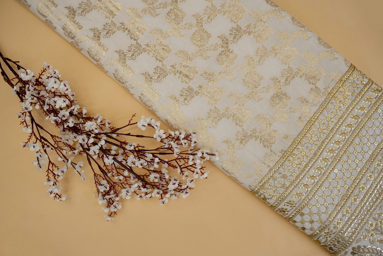 Golden Silk Dupion with Zari & Sequins Floral Elegance