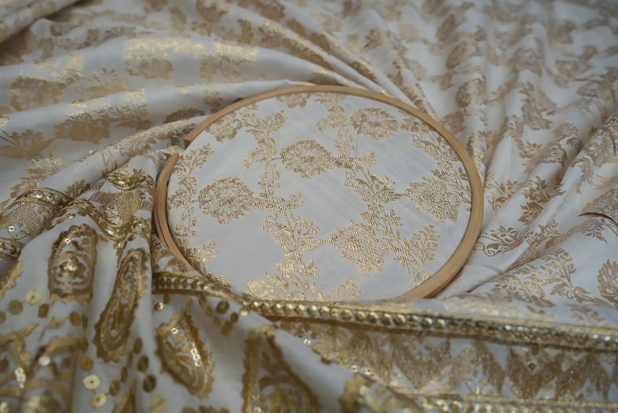 Golden Silk Dupion with Zari & Sequins Floral Elegance