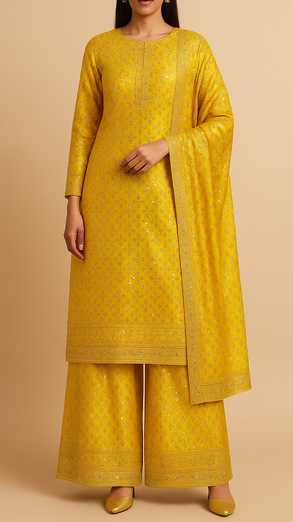 Yellow Silk Fabric with All Over Sequins and Mirror Work and One Side Heavy Border 16048