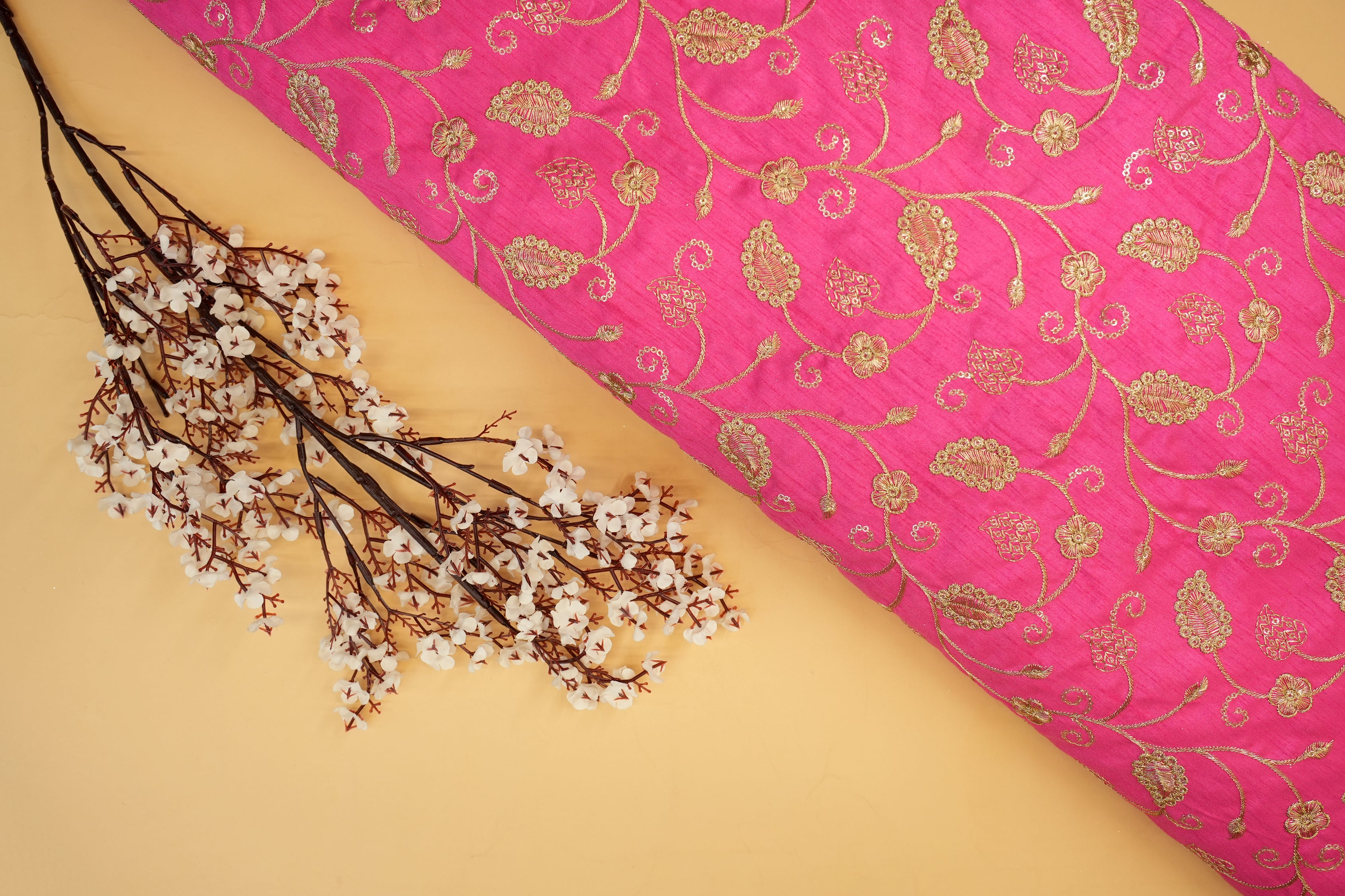 Bright Pink Silk dupoin with Zari & Sequins Floral Elegance